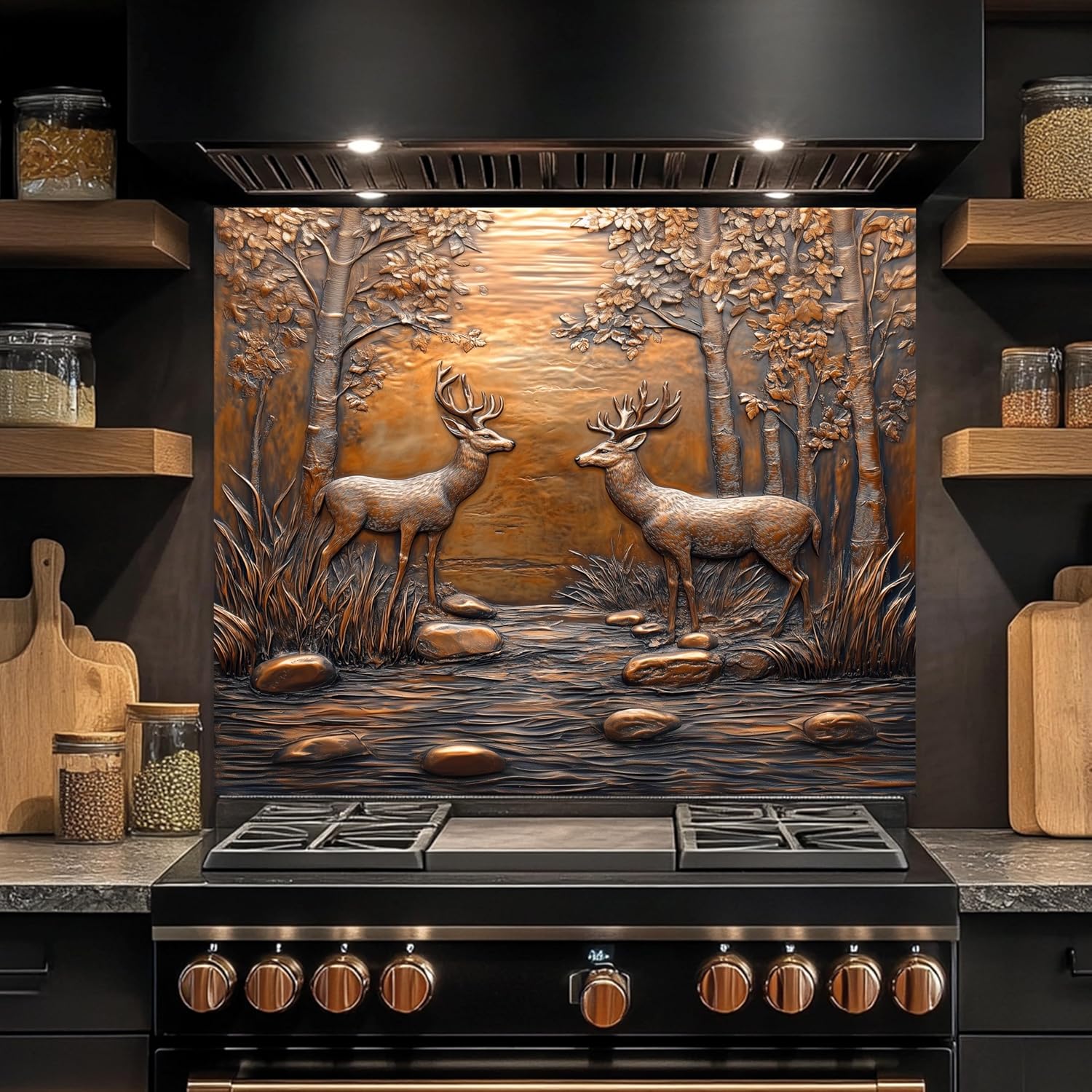 Tempered Glass Backsplash for Kitchen, Bronze Deer in Forest Scene Design Glass Backsplash, Copper Look Backsplash for Kitchen Wall, Rustic Kitchen Backsplash, Easy to Install Stove Backsplash