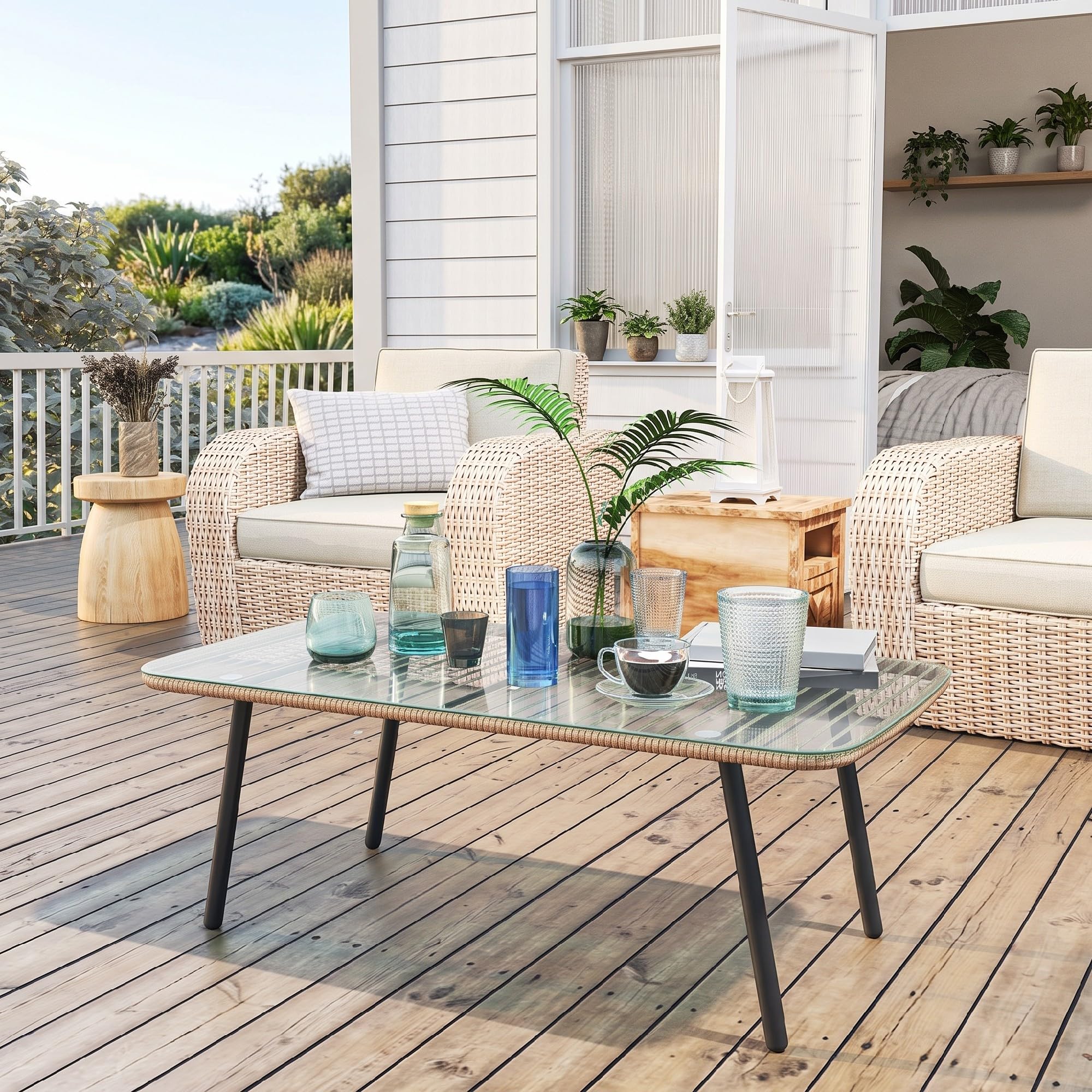 Outsunny Table Basse de Jardin en Résine 110x60x40 cm Aspect Bois Naturel