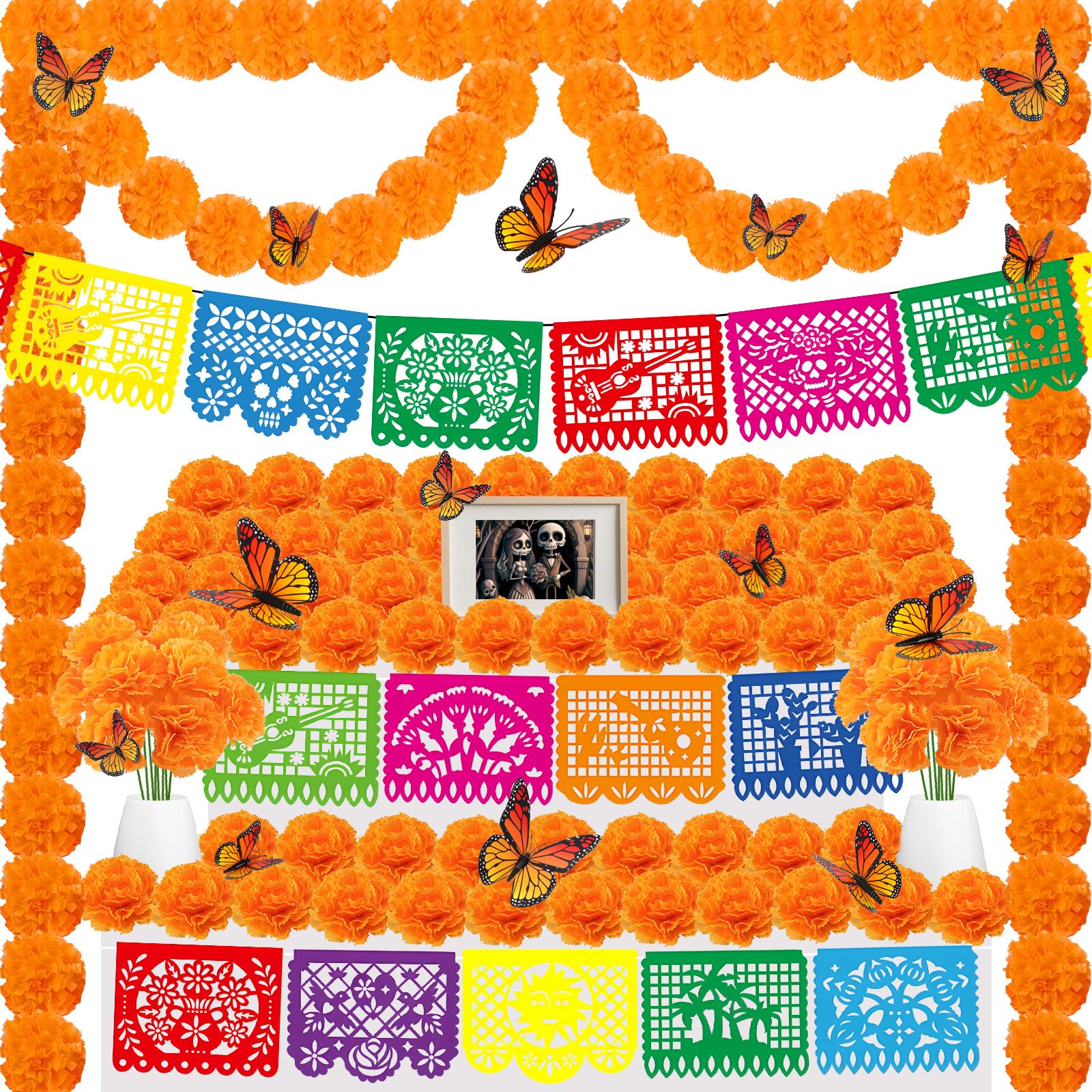 94Pcs Day of The Dead Decorations Set,18 Mexican Party Banners Papel Picado, 2 Artificial Marigold Garland, 50 Marigold Flowers with Stem, 24