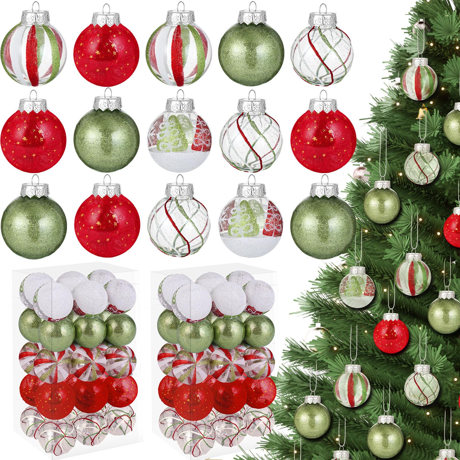Realspring 60 Pcs 2.4" Christmas Balls Ornaments Bulk, 2024 Red Green and White Ornaments for Christmas Tree Decorations Glittery Plastic Shatterproof Hanging Balls for Xmas Home Party Decor