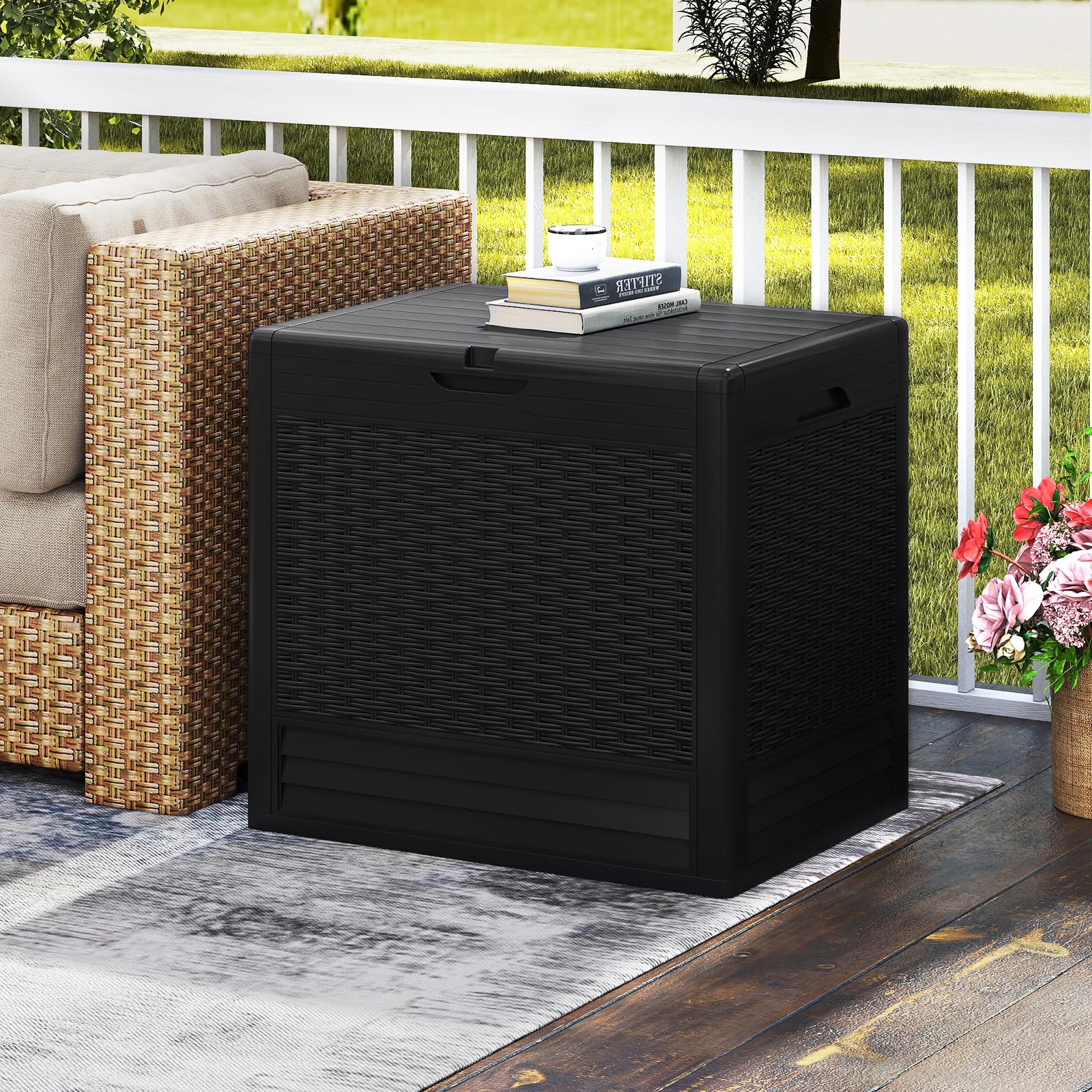 GIANTEX 96L Gartenbox, wasserdichte Auflagenbox für In- & Outdoor, abschließbarer Aufbewahrungsbox Rattanoptik, Kissenbox für Paketlieferung, Poolzubehör & Gartengeräte (Schwarz)