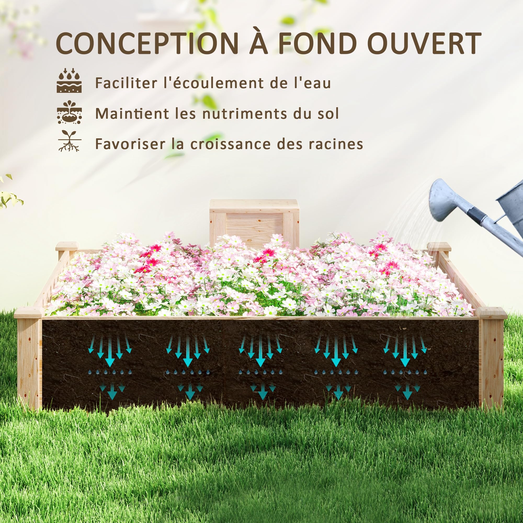 Outsunny Jardinière en Bois Carré Potager 123 x 123 x 25,5 cm Bois Naturel