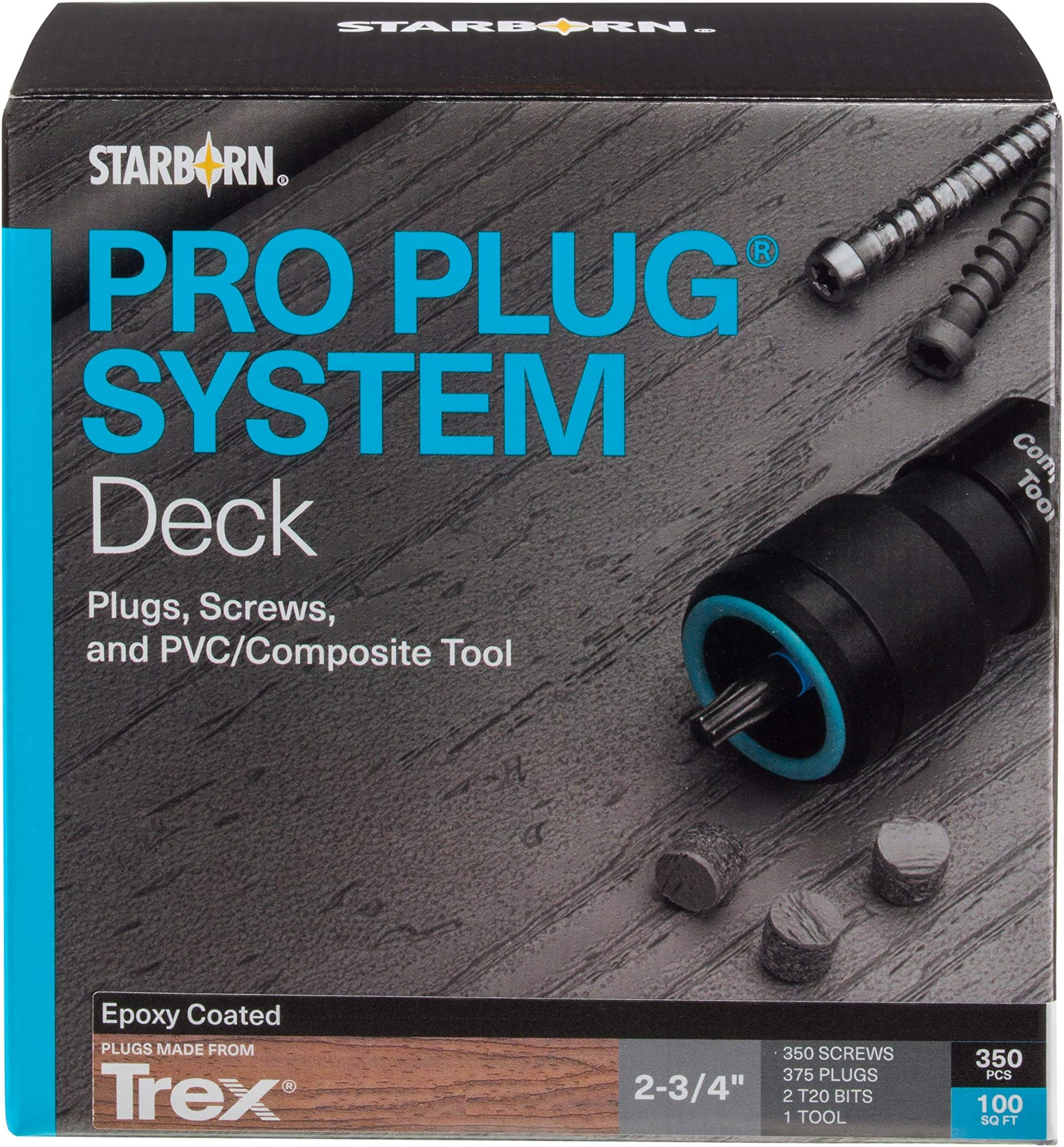 Pro Plug System for PVC Plugs and Epoxy Screws for Trex Pebble Grey Decking, 375 Plugs for 100 sq ft, 350 Epoxy Screws