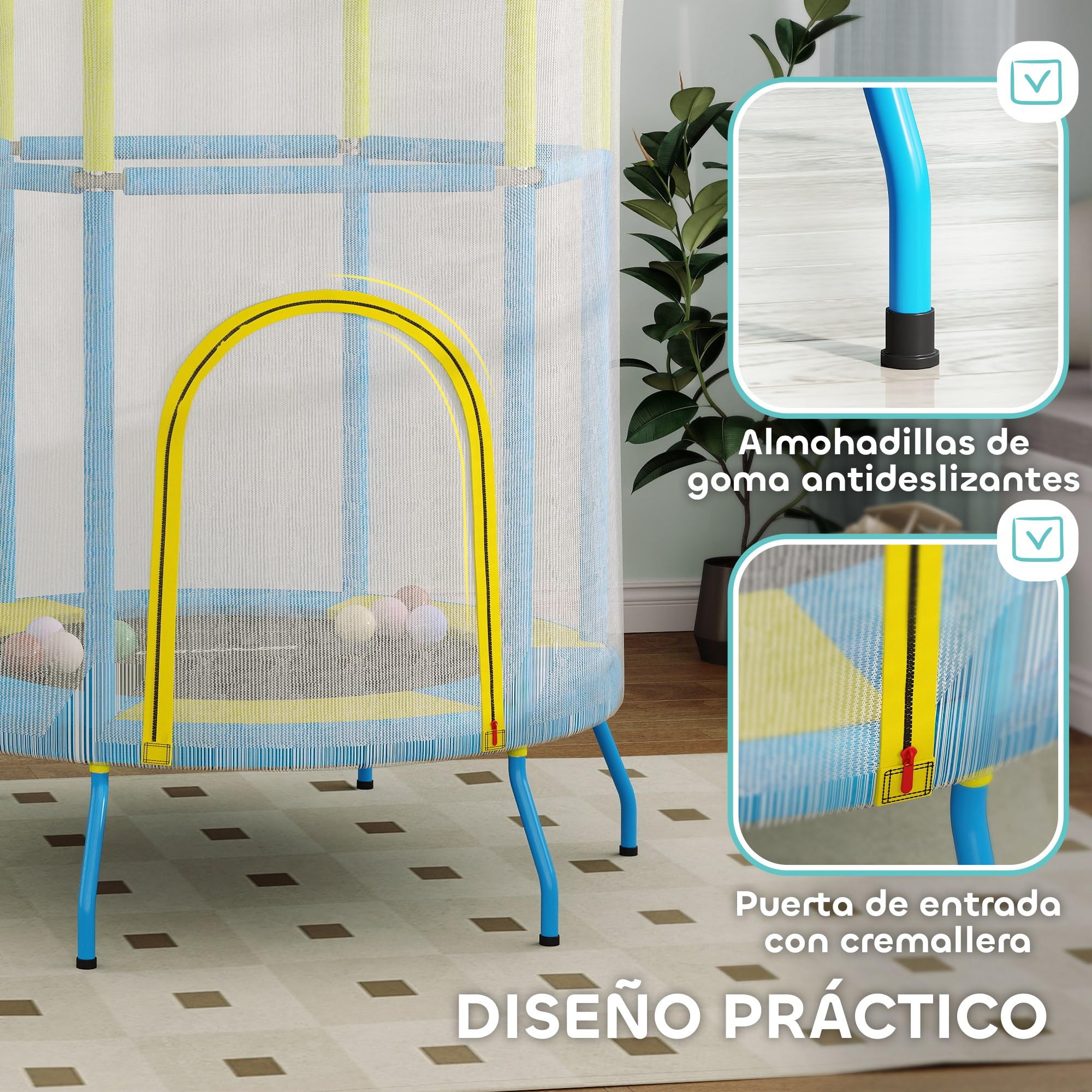 AIYAPLAY Cama Elástica Infantil Ø140x190 cm Trampolín para Niños de 3-6 Años con Red de Seguridad Barras Acolchadas Carga 45 kg para Interior Multicolor