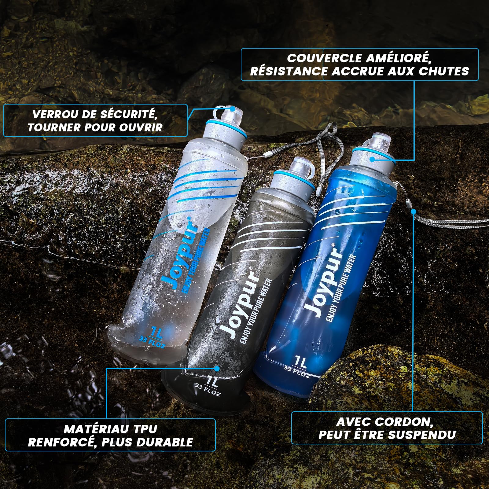 Bouteille Eau Pliable avec Filtre 1000ml, Filtre à Eau Portable 3 Couches, Élimine 99.9999% des Impuretés, Ultra-léger 100g, Pour Randonnée Camping Survie, TPU Qualité Alimentaire (Gris)