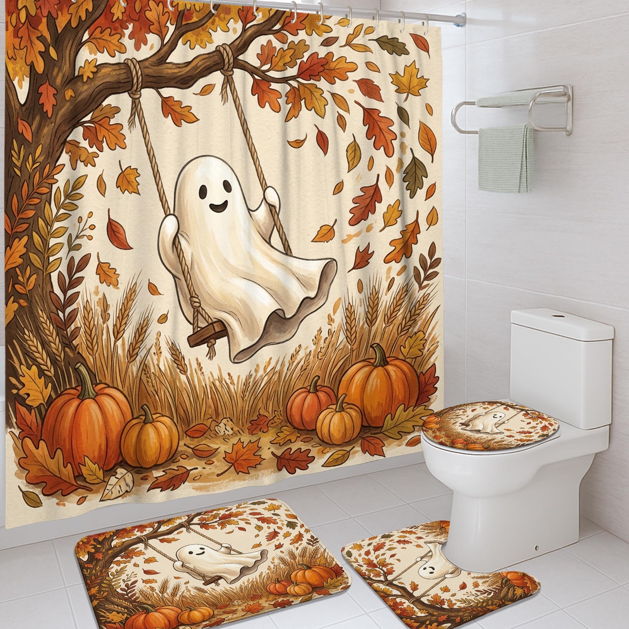 Rideau de douche lavable orange avec tapis et crochets de fixation