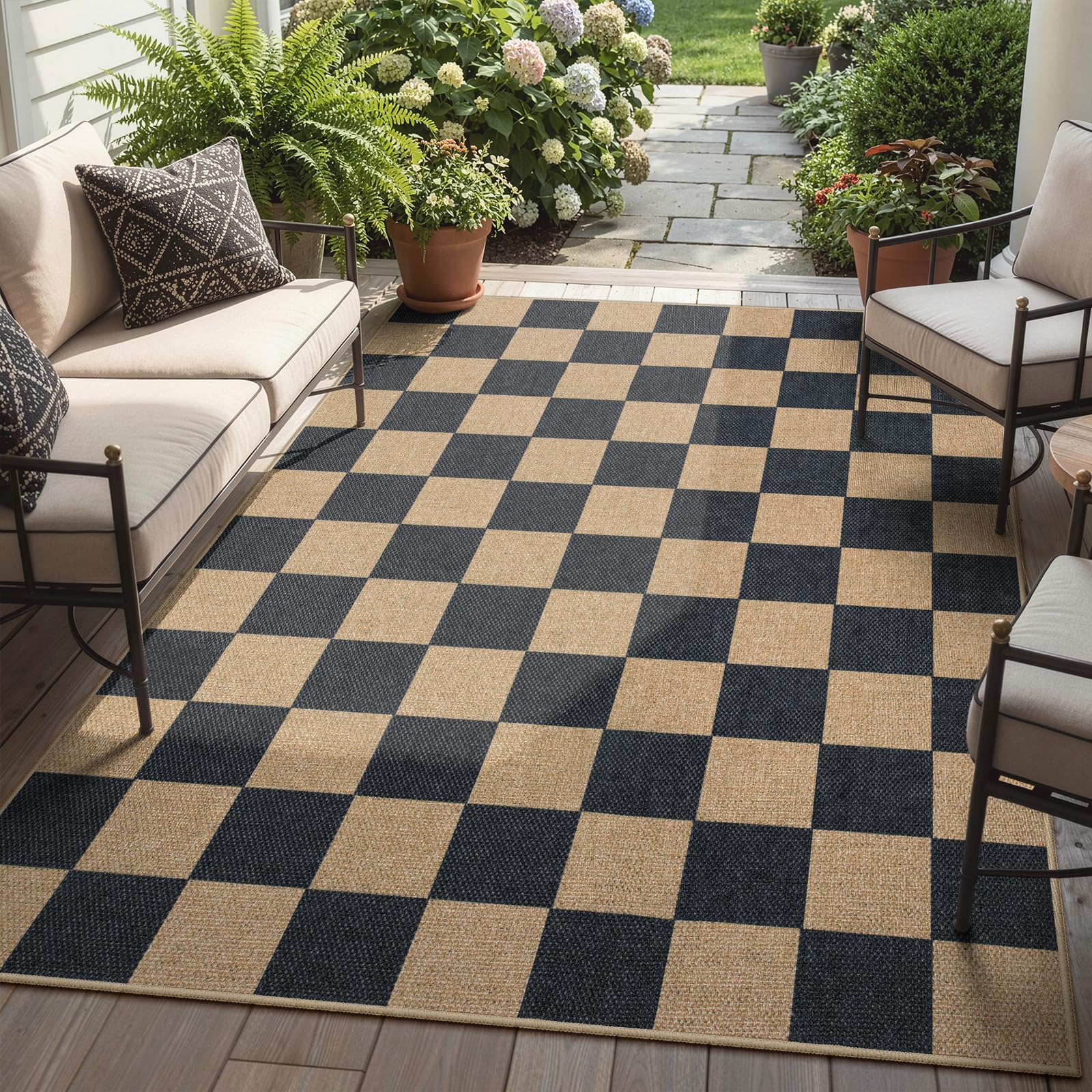 Lahome Checkered Easy Jute Area Rug, 5x7 Outdoor Patio Rug Washable Carpet for Living Room Checkerboard Indoor Outdoor Carpet, Farmhouse Geometric Non Slip Black Mat for Backyard Dining Room — image 1