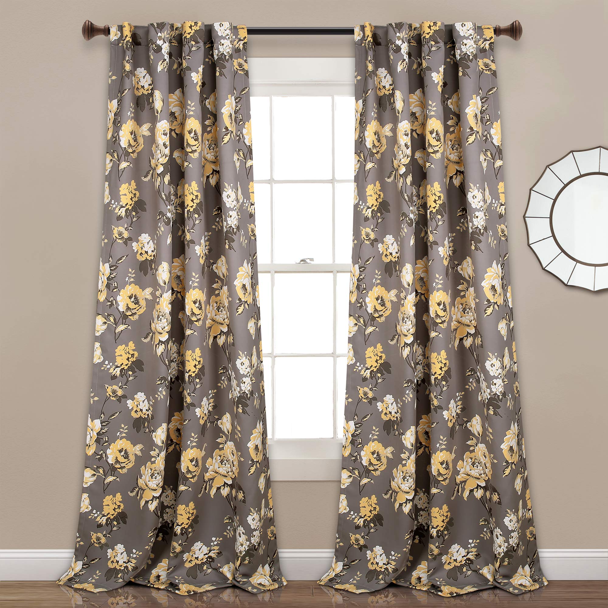 Lush Decor Tania Curtains | Floral Garden Room Darkening Window Panel Set for Living, Dining, Bedroom (Pair), 95” x 52”, Gray and Yellow