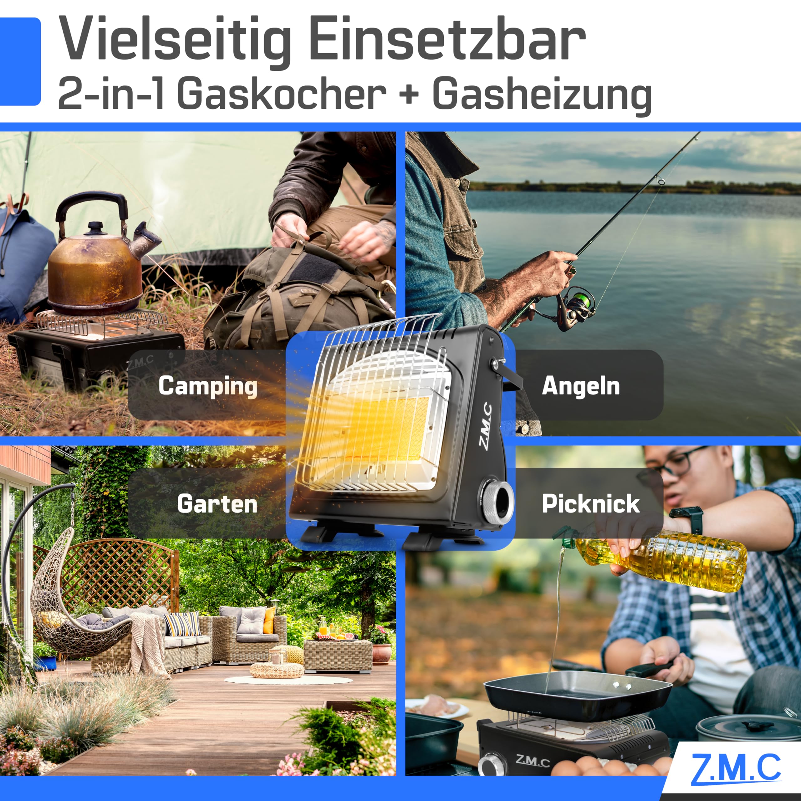 Z.M.C 2-in-1 Tragbare Gasheizung und Gaskocher + 8 Gaskartuschen 227g, Camping Heizung 1,7 kW, perfekte Wärmequelle ohne Strom, Gasheizer für Outdoor, Terrassen, mobile Heizstrahler mit Piezozündung