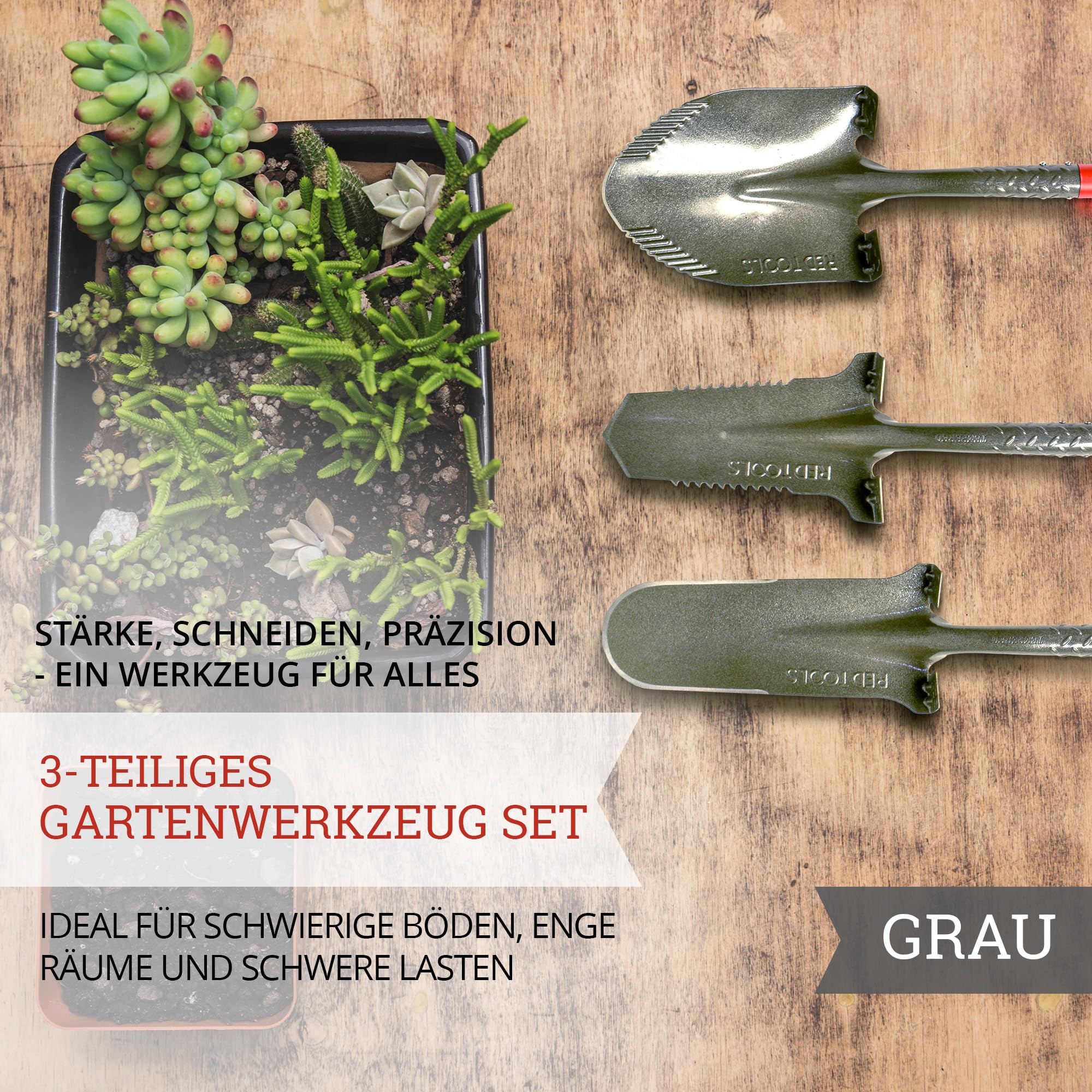 Profi Spaten Set - Robustes Garten Werkzeug inkl. Gärtnerspaten mit Wurzelsäge, Drainagespaten und Schaufel - für alle Gartenprojekte geeignet (Grau)