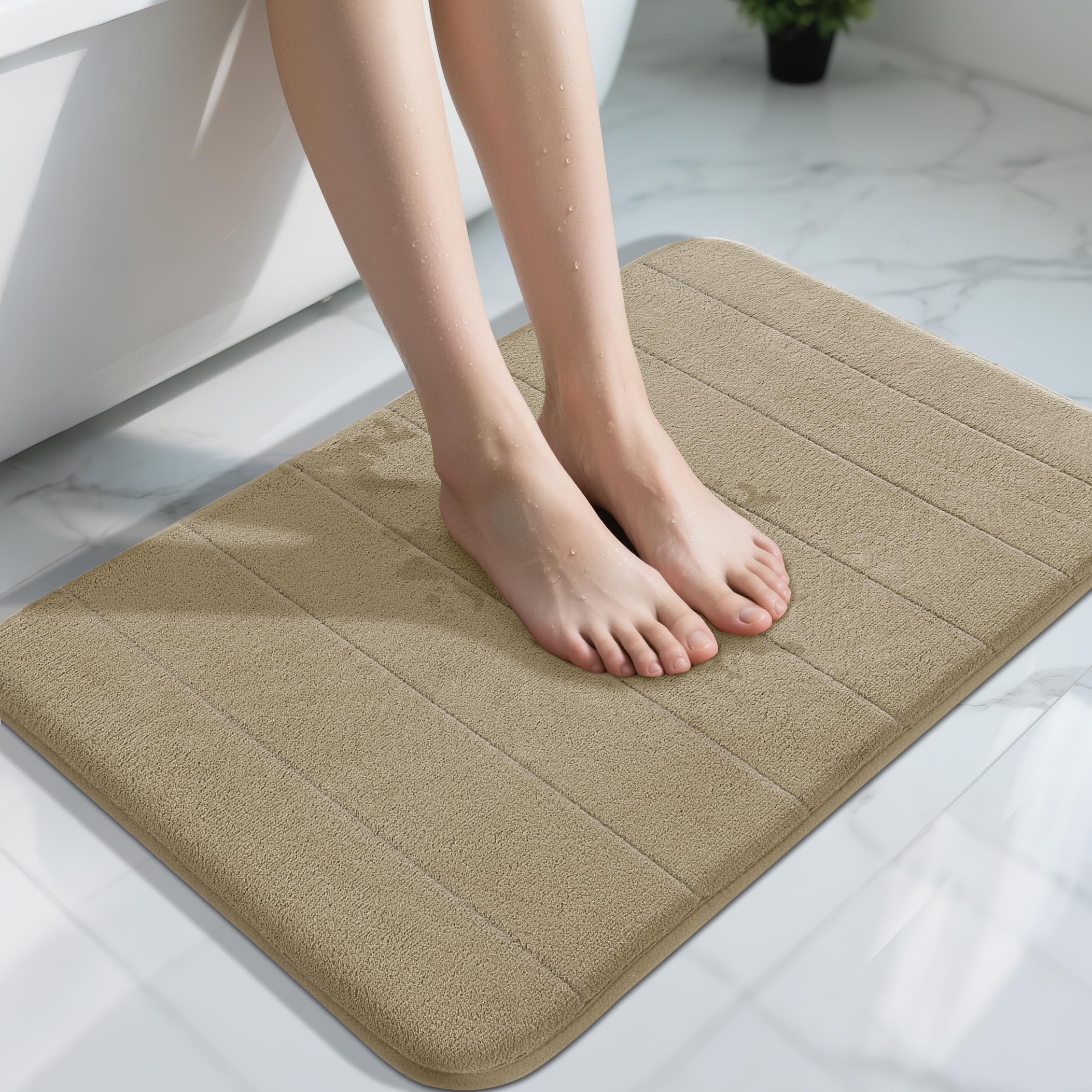 Yimobra Memory Foam Bath Mat, Super Soft Absorbent Bathroom Rug Non Slip 31.5x20 Inch, Quick Dry, Machine Washable Floor Carpet for Tub Shower, Home Decor Accessories, Light Tan