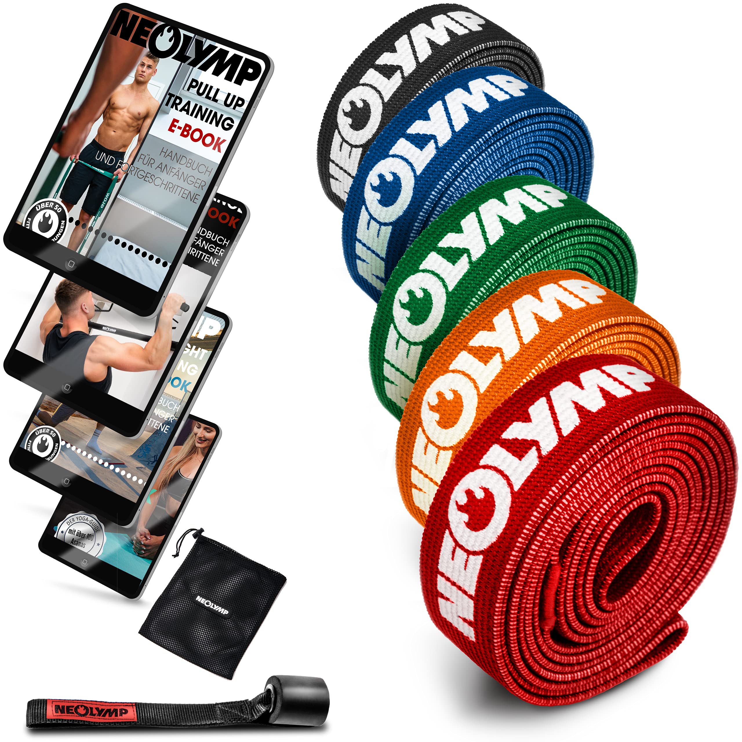 NEOLYMP Pull up exercise band made of fabric + e-book with over 100 exercises (Set of 5 - blue/green/orange/orange/red/black) – pull up resistance bands resistance bands set fabric resistance bands