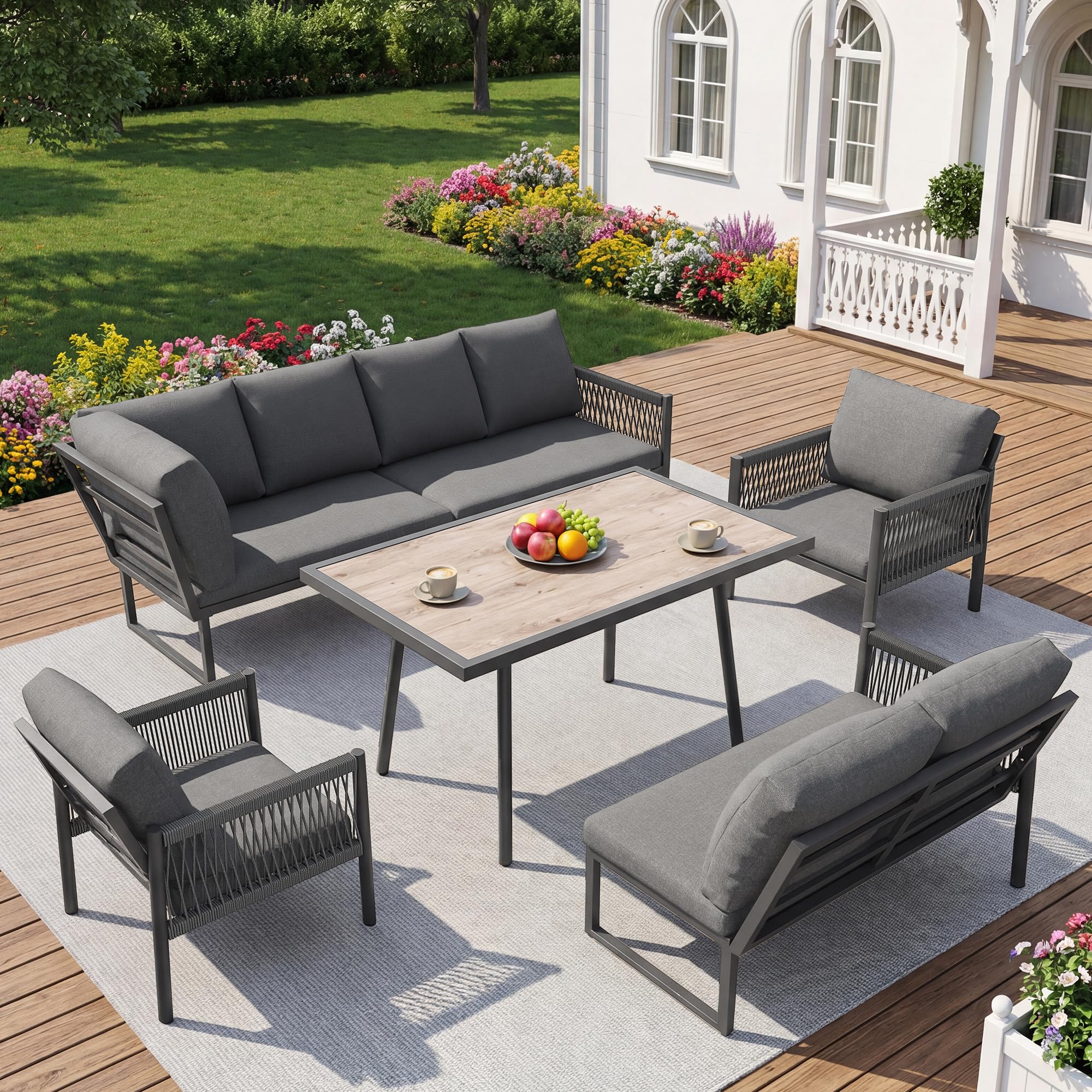 Conjunto de muebles de jardín para exteriores, sofá de jardín en forma de L para 7-8 personas, incluye 1 mesa con tablero de vidrio de imitación de madera y 2 sillones trenzados a mano, para
