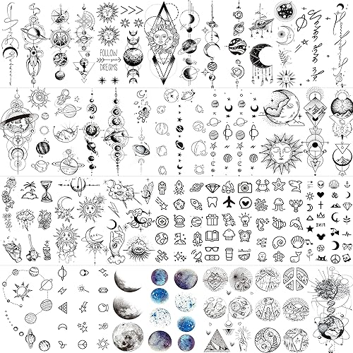 COKTAK 28 hojas de tatuajes temporales del espacio exterior para niños, mujeres y hombres, 3D falsas realistas, estrella, sol, luna, tatuajes para
