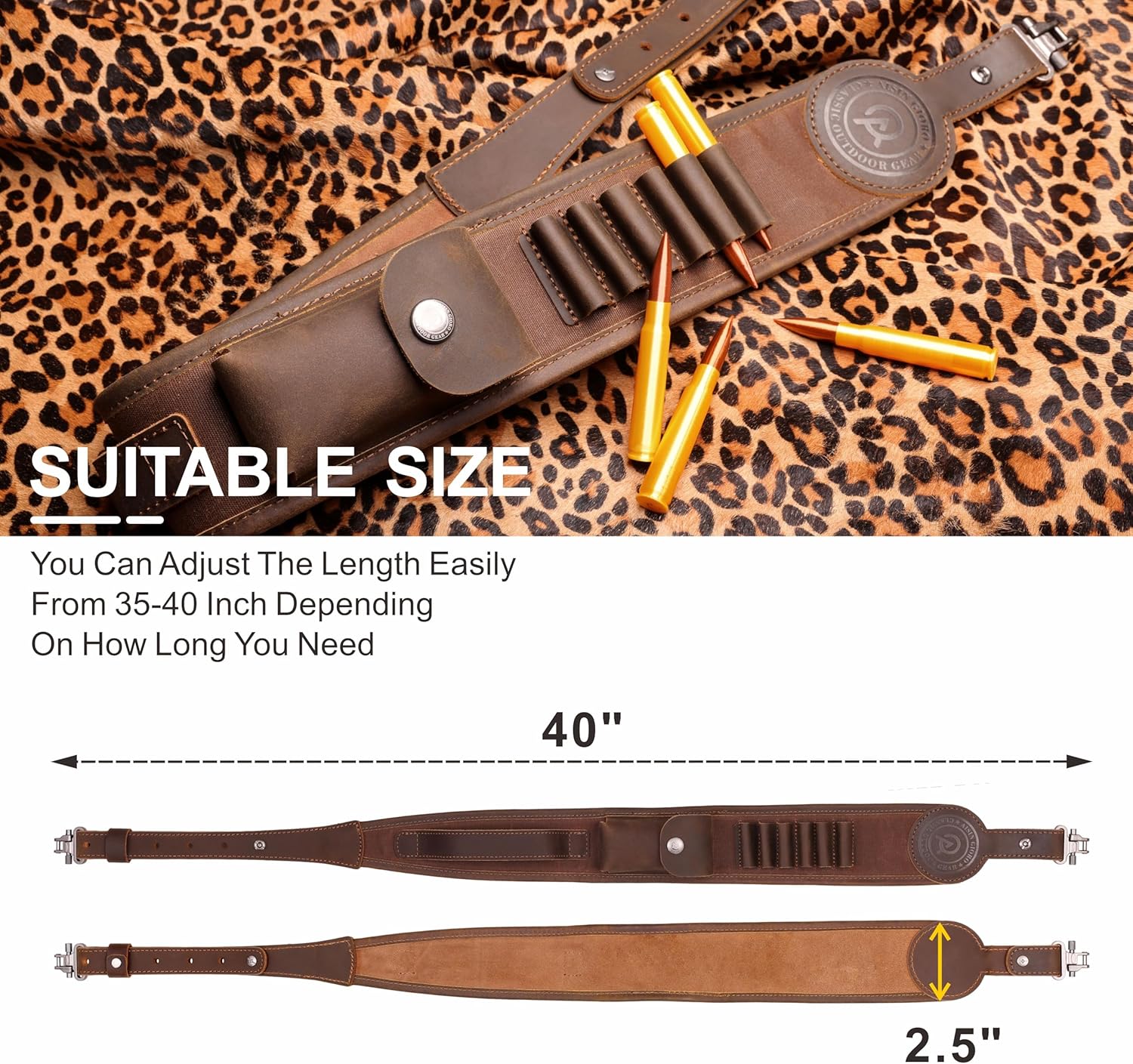 Aisin Gioro Rifles Slings, 2.5" Wide Double Layer Crazy Horse Leather Ammo Holder Gun Sling Adjustable Replacement with Gun Sling Swivels