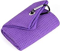Mile High Life Tri-Fold Golf Towel 16x24 Microfiber Waffle Pattern with Heavy Duty Carabiner Clip - Super Absorbent Quick Dry (Purple)