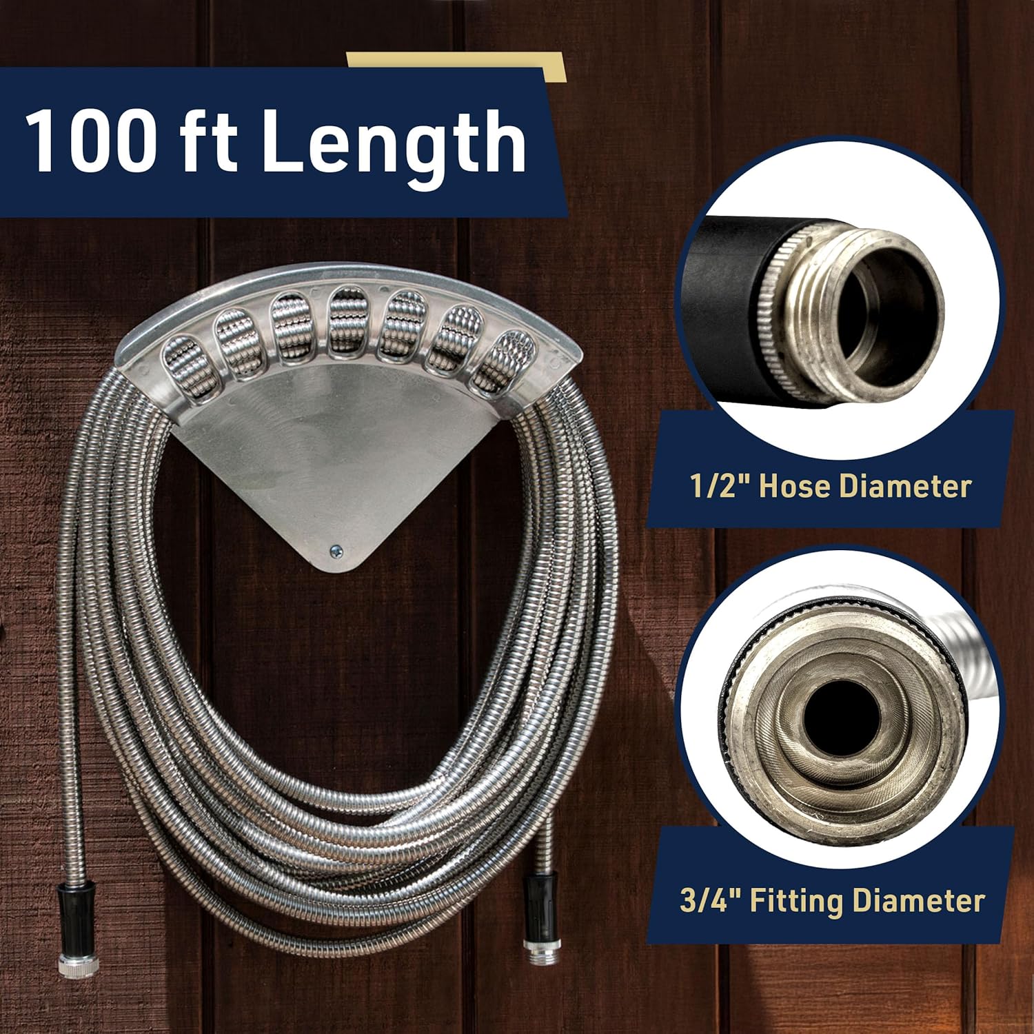 Stainless Steel Garden Hose 100 ft Outdoor Heavy Duty Flexible Metal Water Hose, Non Kink, Leak Proof, Tear and Puncture Resistant, Rust and Corrosion Free, 1/2” Diameter by Kings County Tools