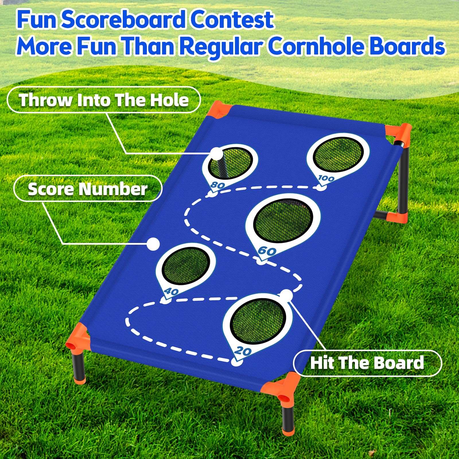 Jeu de Cornhole Portable Sacs de Cornhole d'extérieur avec Cadre en PVC et Cinq Trous pour marquer des Points pour Enfants/Adultes, Jardin, pelouse, Jeux de Plage, Camping, Jeux de Plage