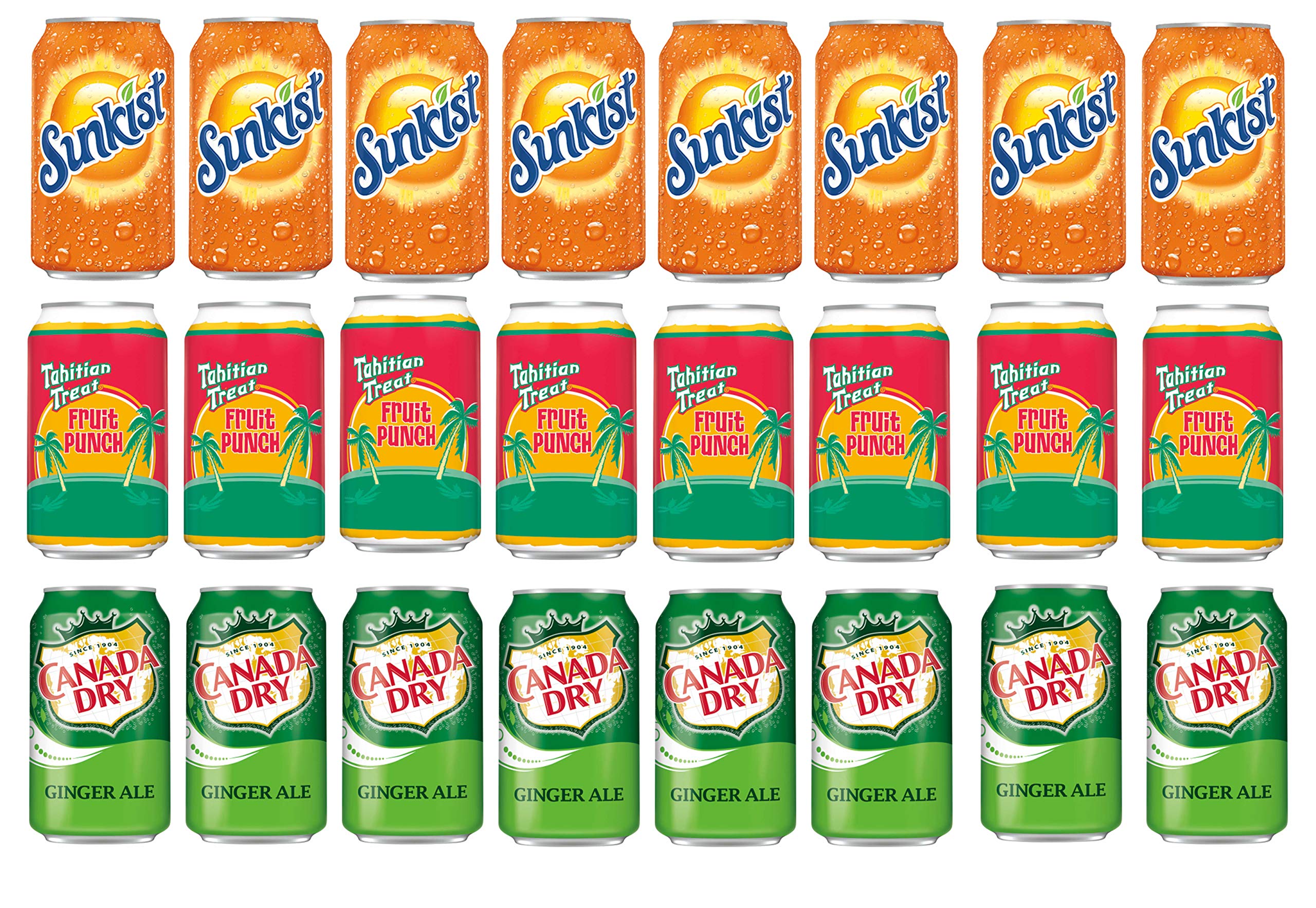LUV-BOX Variety Soda pack , pack of 24 , 12 fl oz , SUNKIST ORANGE SODA , TAHITIAN TREAT FRUIT PUNCH SODA , CANADA DRY GINGER ALE