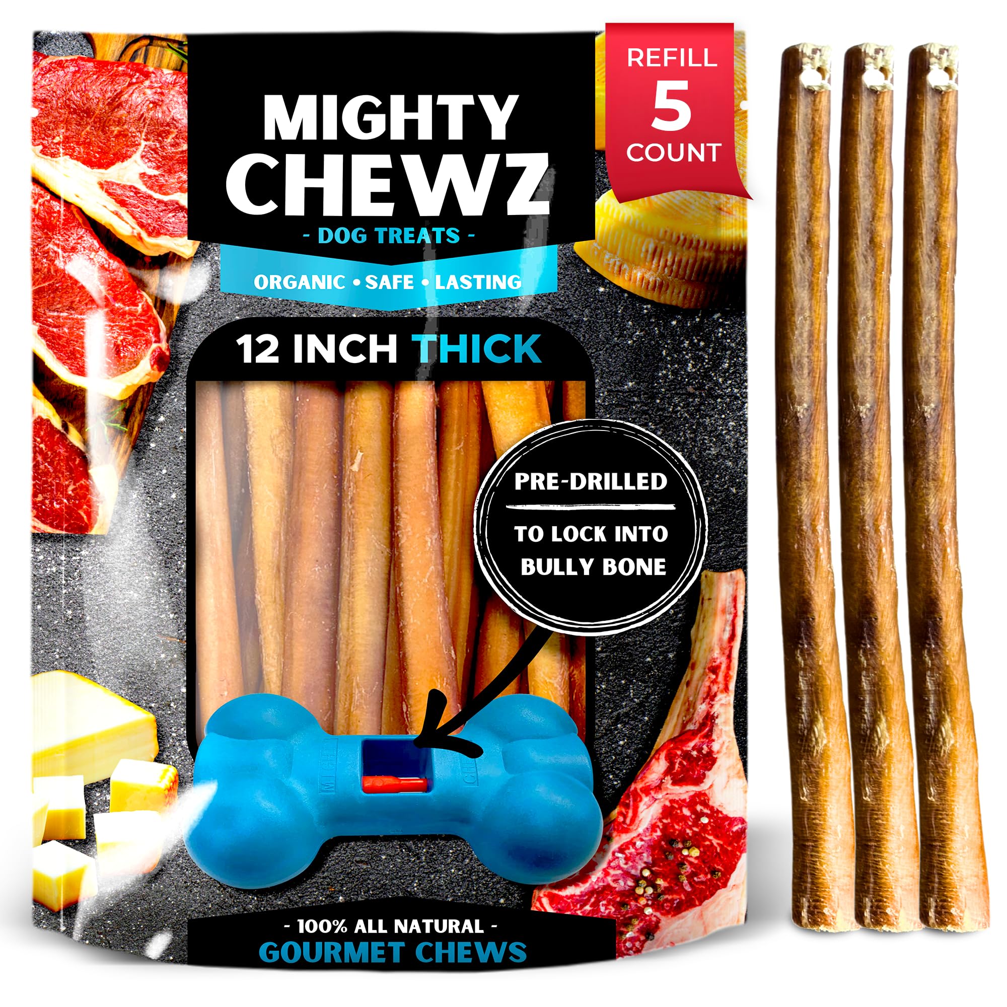 MIGHTY CHEWZ 12 Inch Thick Bully Sticks 5 Pack