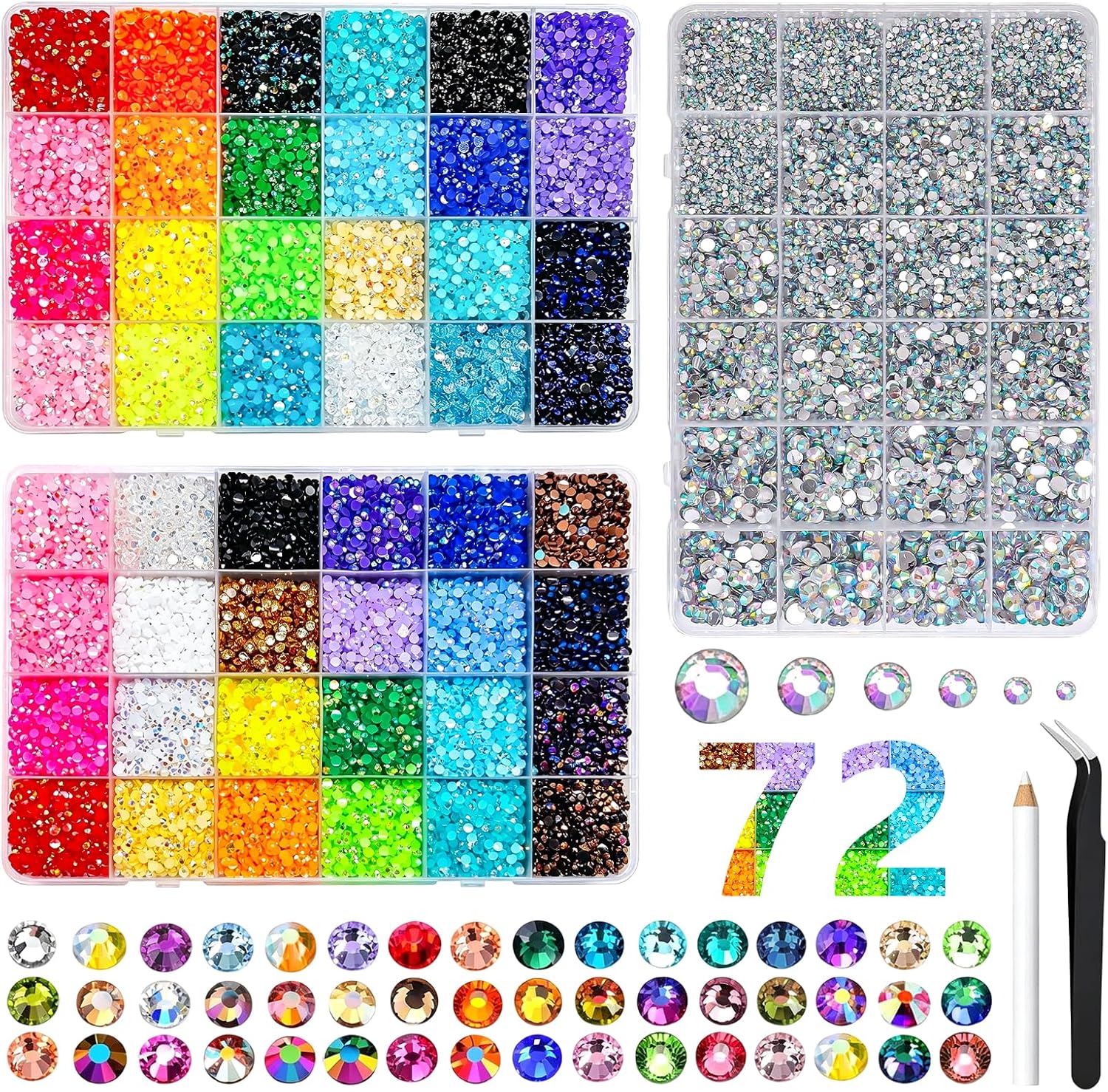 72000 Pcs Resin Jelly Rhinestones for Crafting, 72 Colors 3mm Flatback Gems for Nail Art, Multicolor Rhinestone Kit with Picker, Bedazzling Kit for Diamond Art Clothing Makeup Jewelry Making Tumblers