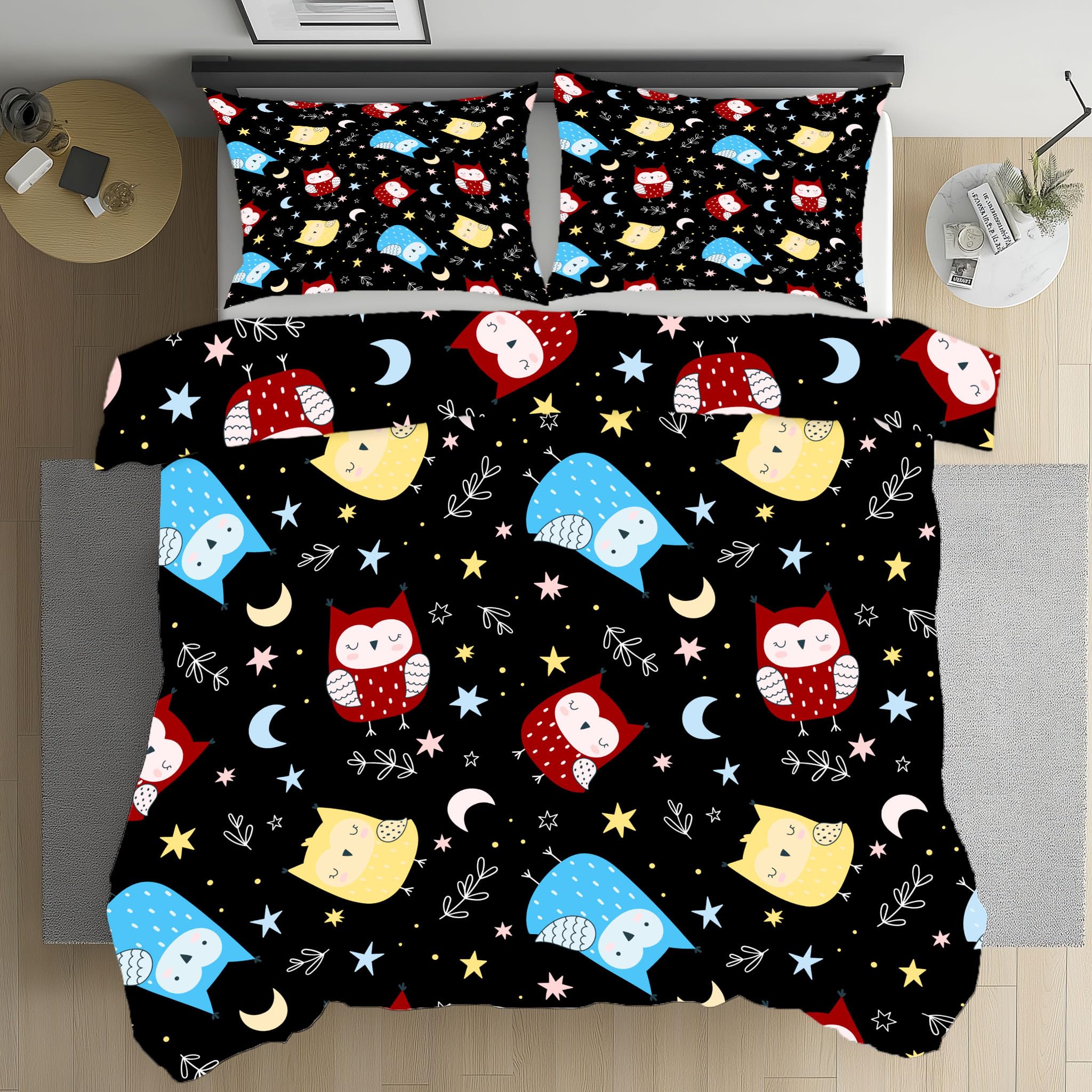 Housse de couette 140x200 hibou lune etoiles parure de lit microfibre enfant