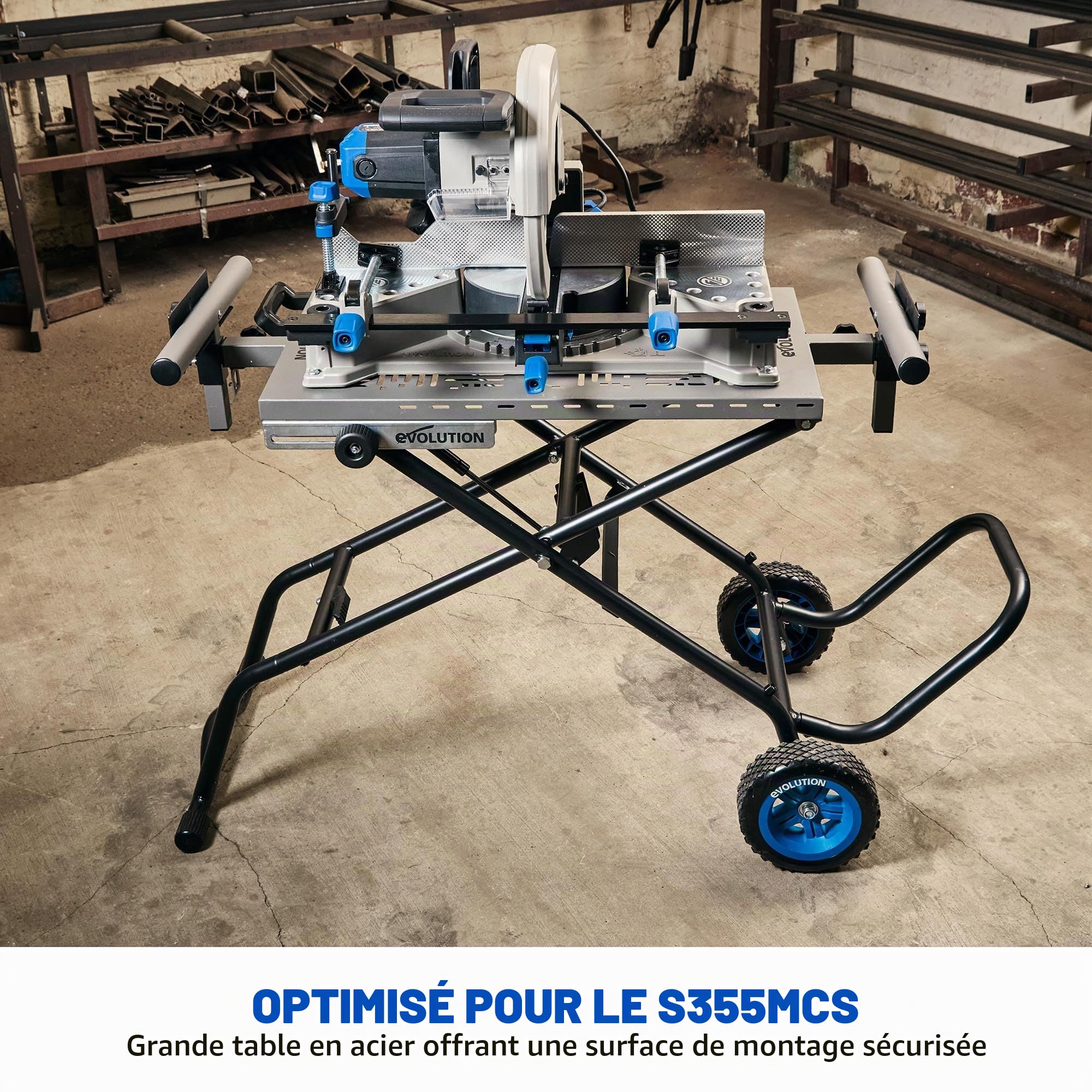 Evolution Power Tools, Support MCS, Support pour scie à onglet avec assistance Powerlift | Châssis en acier robuste, roues tout-terrain, compatible avec Evolution S355CPS, R355CPS