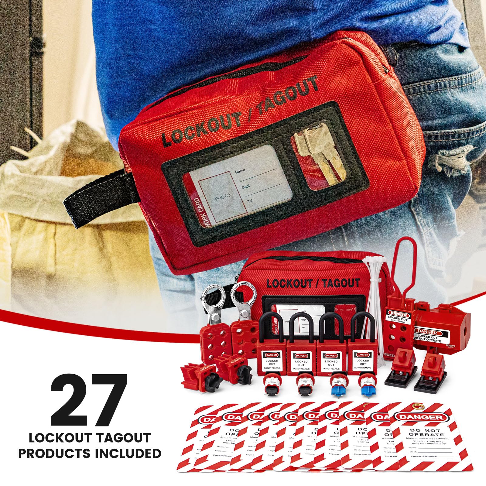 Lockout-Tagout-Set, Loto Schlösser für Unterbrecher, Aussperr-Tagout-Kits, elektrisch, OSHA-konform (BD-ZTI KIT3-27er-Pack)