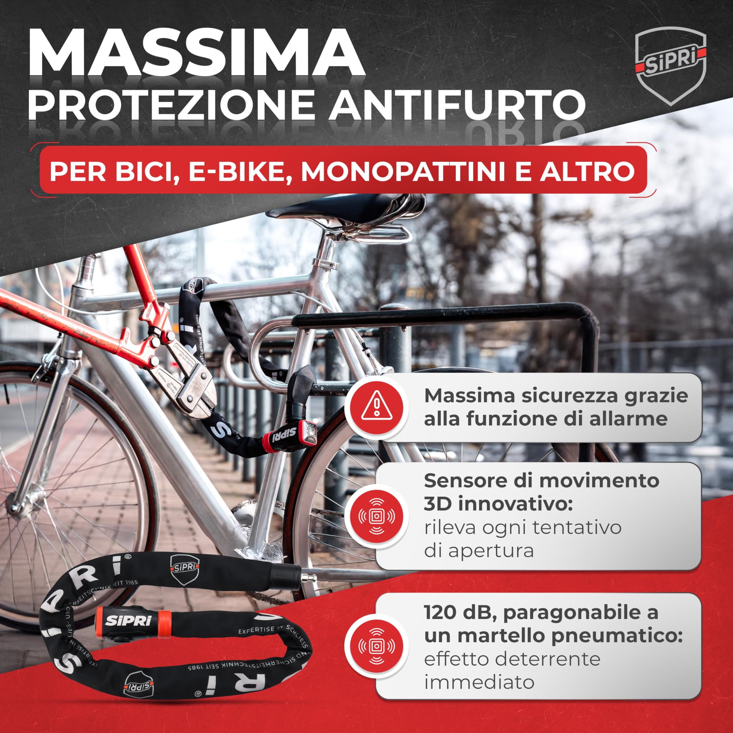 SIPRI Lucchetto per bicicletta con allarme, 120 dB, serratura a catena per bicicletta elettrica, scooter elettrico e moto, in acciaio da 8 mm, resistente alle intemperie, robusto e durevole, con