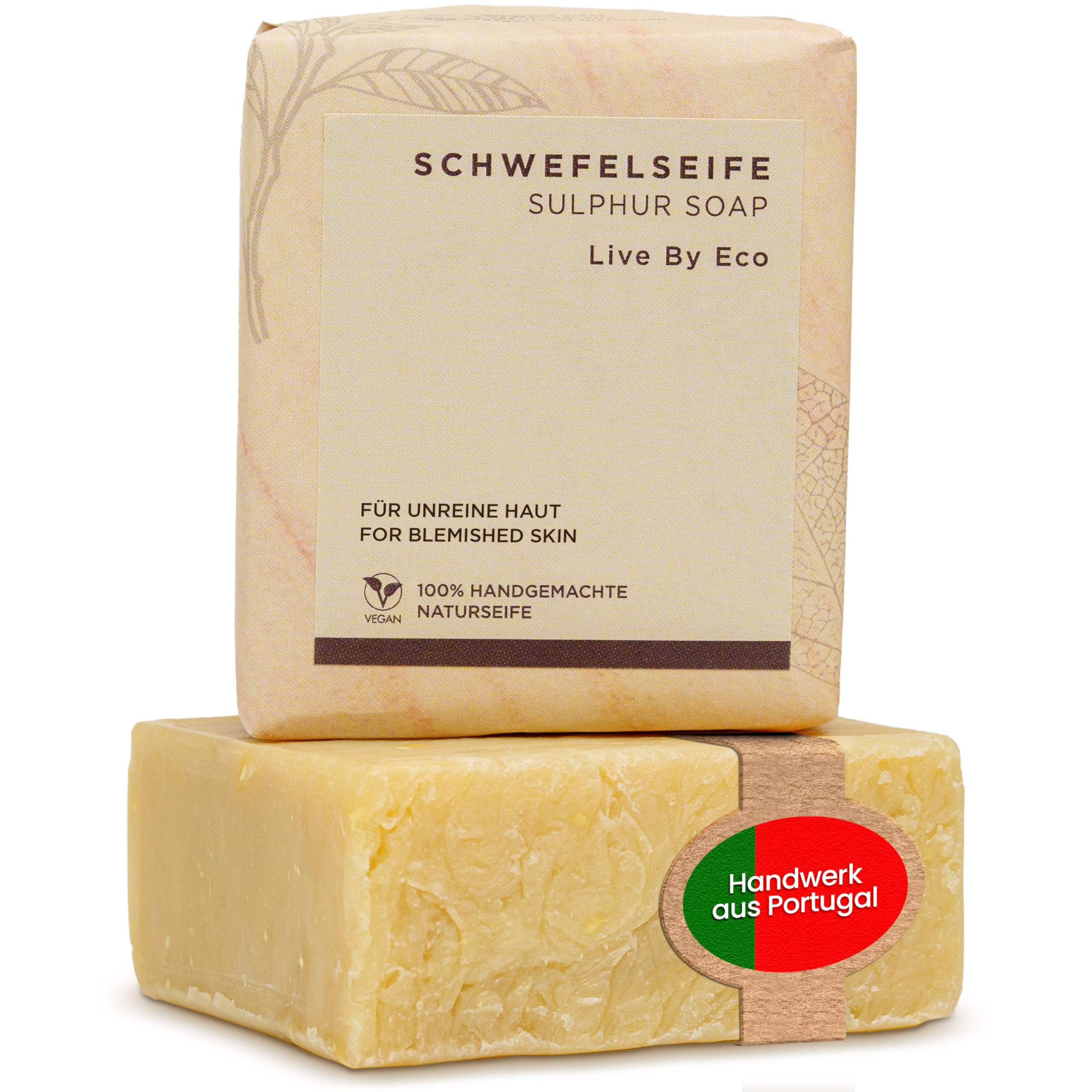 Live By Eco Schwefelseife für unreine Haut Gesicht - Akneseife für klare Haut - Schwefel Seife als Porenreiniger - handgemachte Naturseife - lindert Hautentzündungen - vegane Gesichtsreinigung - 100g
