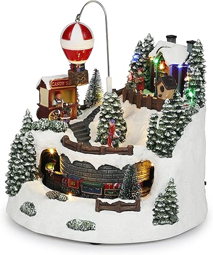Miniatura 10 de Alpine Corporation Decoración de mesa animada de pueblo navideño de 11 pulgadas de alto con tren móvil, globo de aire caliente y luces LED