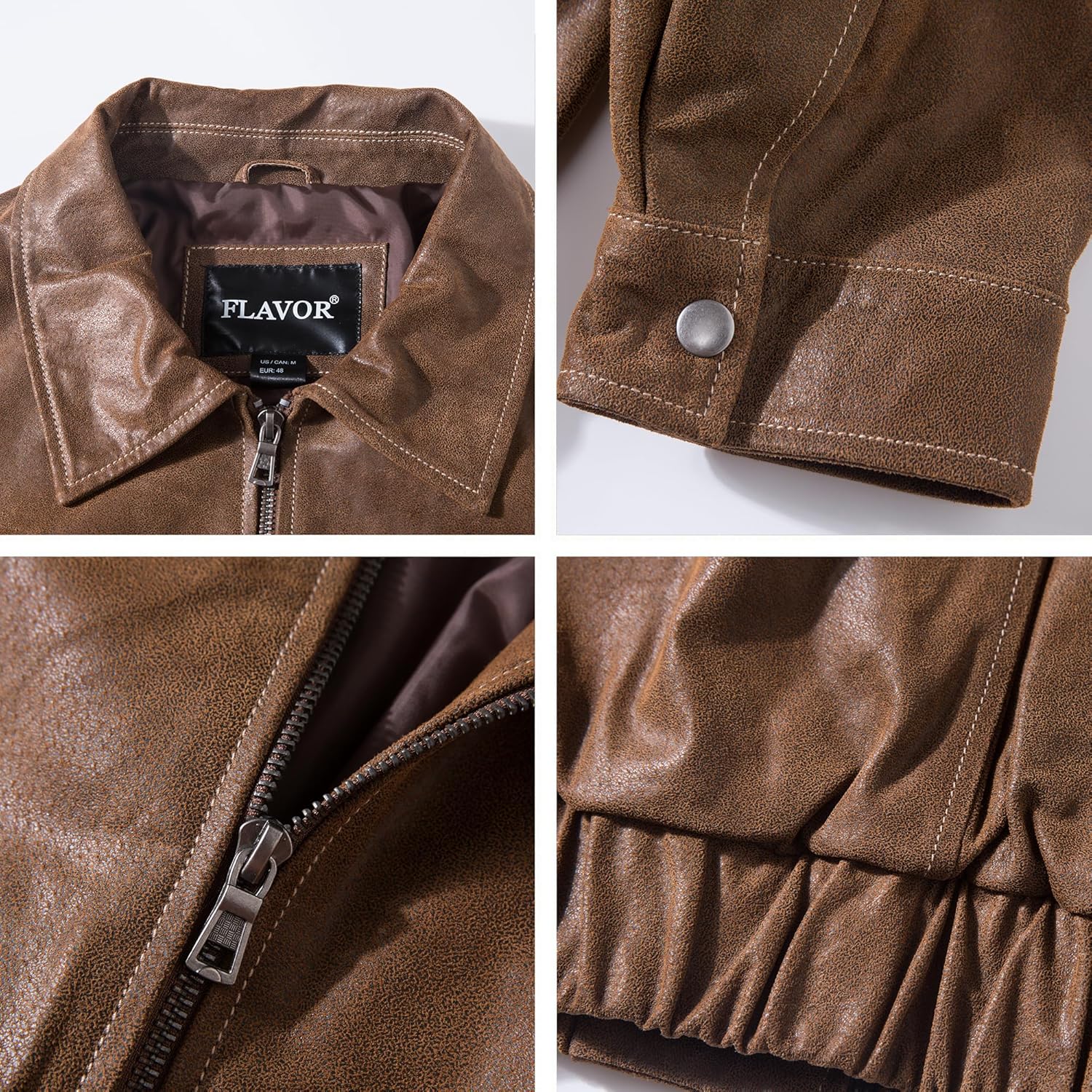 FLAVOR Men Genuine Leather Bomber Jacket Casual Fall Winter Jacket Brown - Image 4