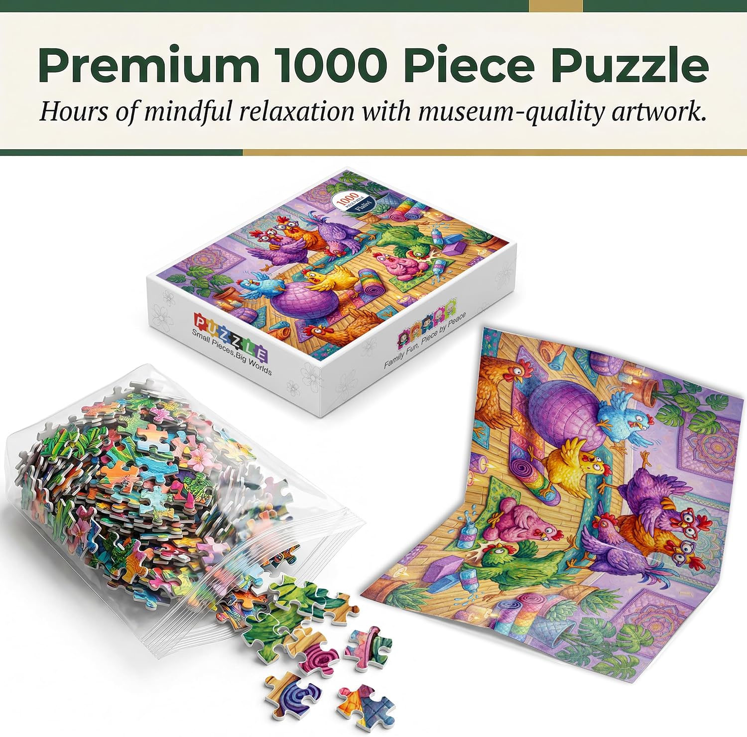 Funny Chickens Jigsaw Puzzle for Adults 1000 Pieces, Colorful Rooster Puzzles, Premium Thick Cardboard with Matte Finish, for Animal Lovers and Puzzle Enthusiasts