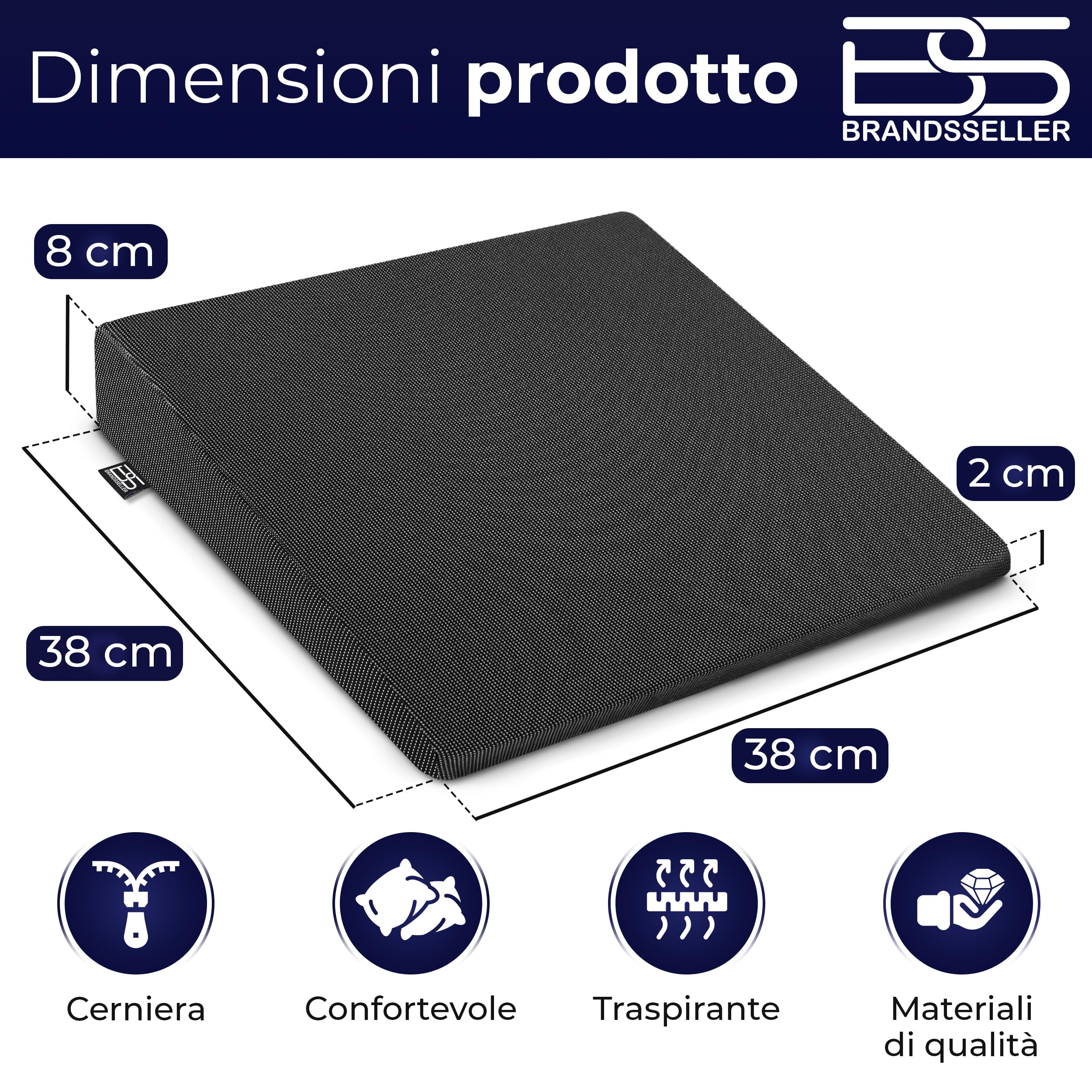 Cuscino a Cuneo 38x38x8/2 cm per Sedia, Ufficio e Auto, Cuscino Ergonomico per Seduta Corretta, Supporto per Schiena, Nero