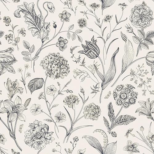Black and Beige Peel and Stick Wallpaper Botanical Contact Paper 16.9inch x 196.8nch Floral Wall Paper Peel and Stick for Bathroom Bedroom Removable Self Adhesive Wallpaper Decor Vinyl