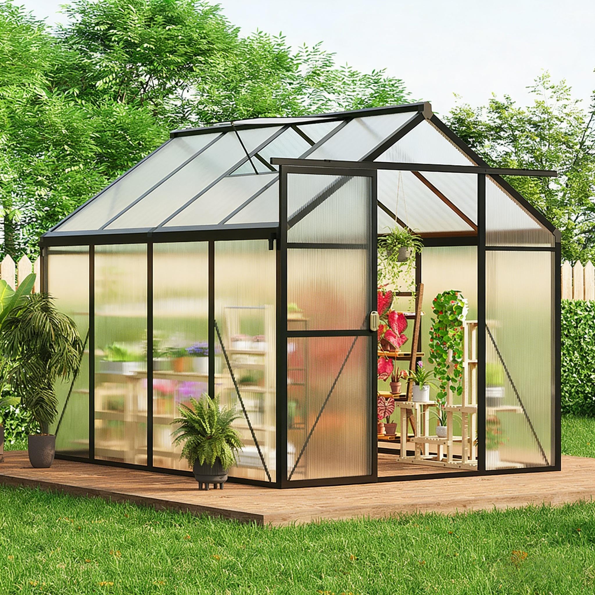 6x8 ft greenhouse, easy assembly aluminum polycarbonate greenhouses for outdoors with roof vent, large aluminum walk-in greenhouse for sunroom patio, backyard, garden, sliding lockable door, black( incomplete one box of two only)
