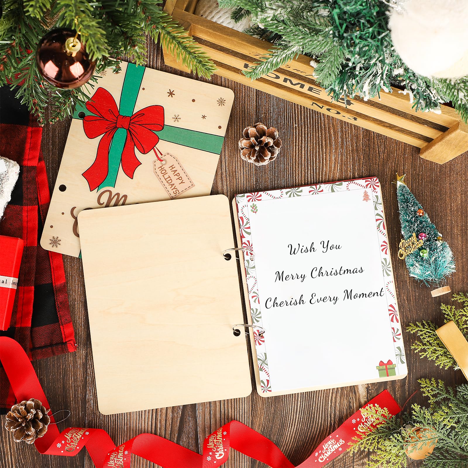 Wooden Christmas Card Keeper Binder Merry Christmas Greeting Card Holder with Rings Xmas Holiday Post Cards Organizer Wood Memories Book for Storage Keepsake Album Photo Notes Gift Winter Past Notes