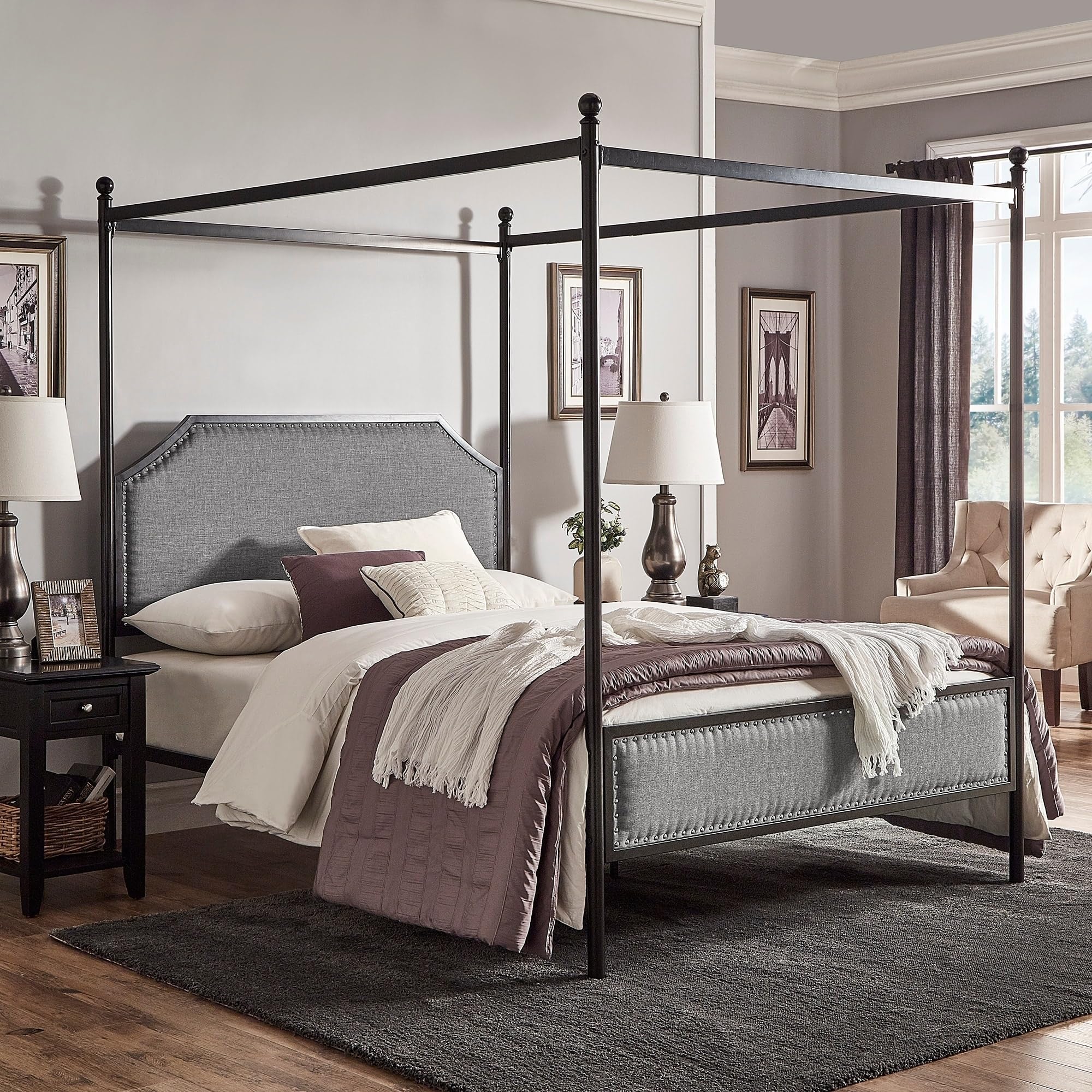 (incomplete) Inspire Q Rayen Grey Upholstered Metal Canopy Queen Bed by Classic