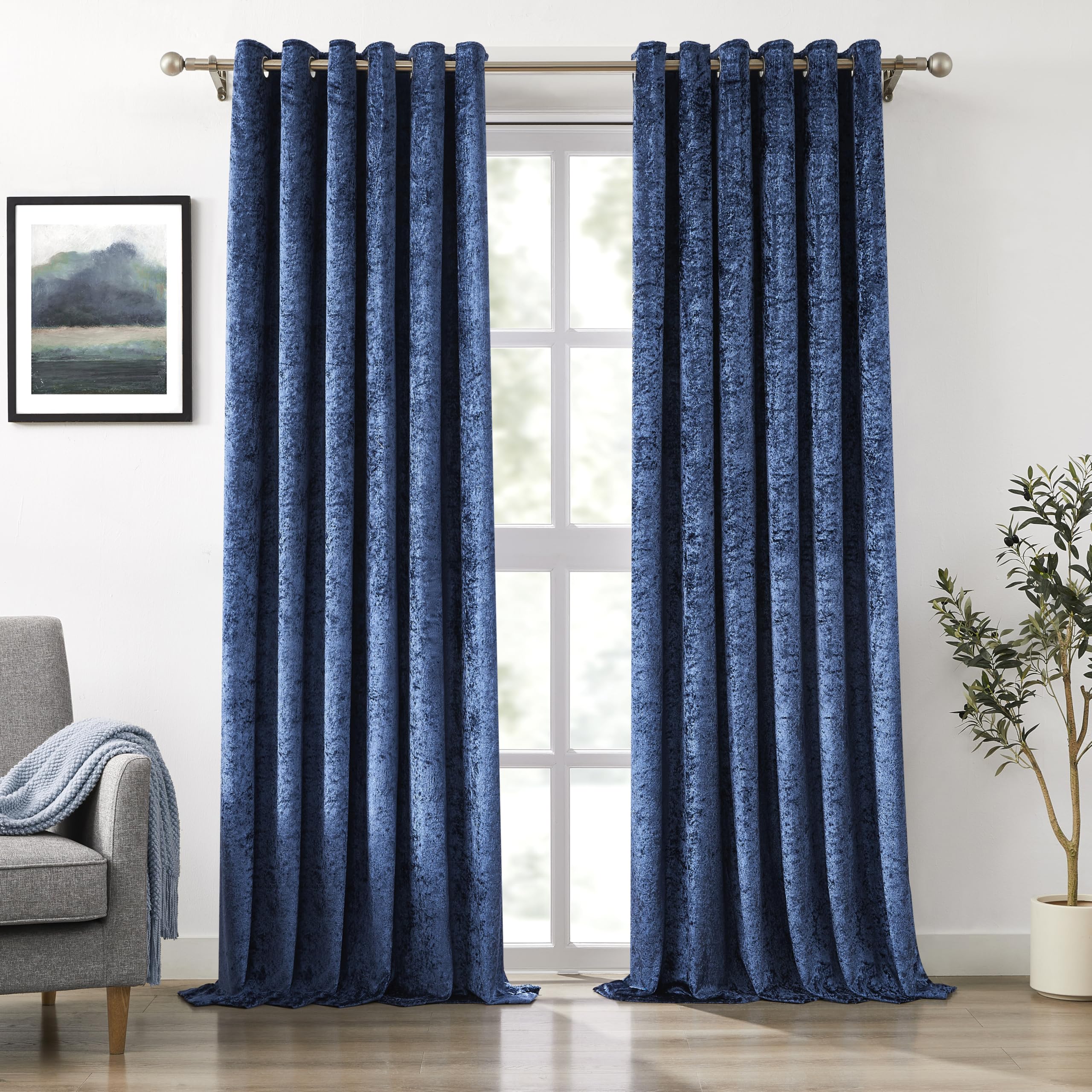 Bujasso Navy Full Blackout Curtains 90 inch Eyelet Crushed Velvet with Blackout Lining Drapes for Living Room Bedroom Thermal Insulated Room Darkening Curtains 2 Panels Grommet Top W90xL90