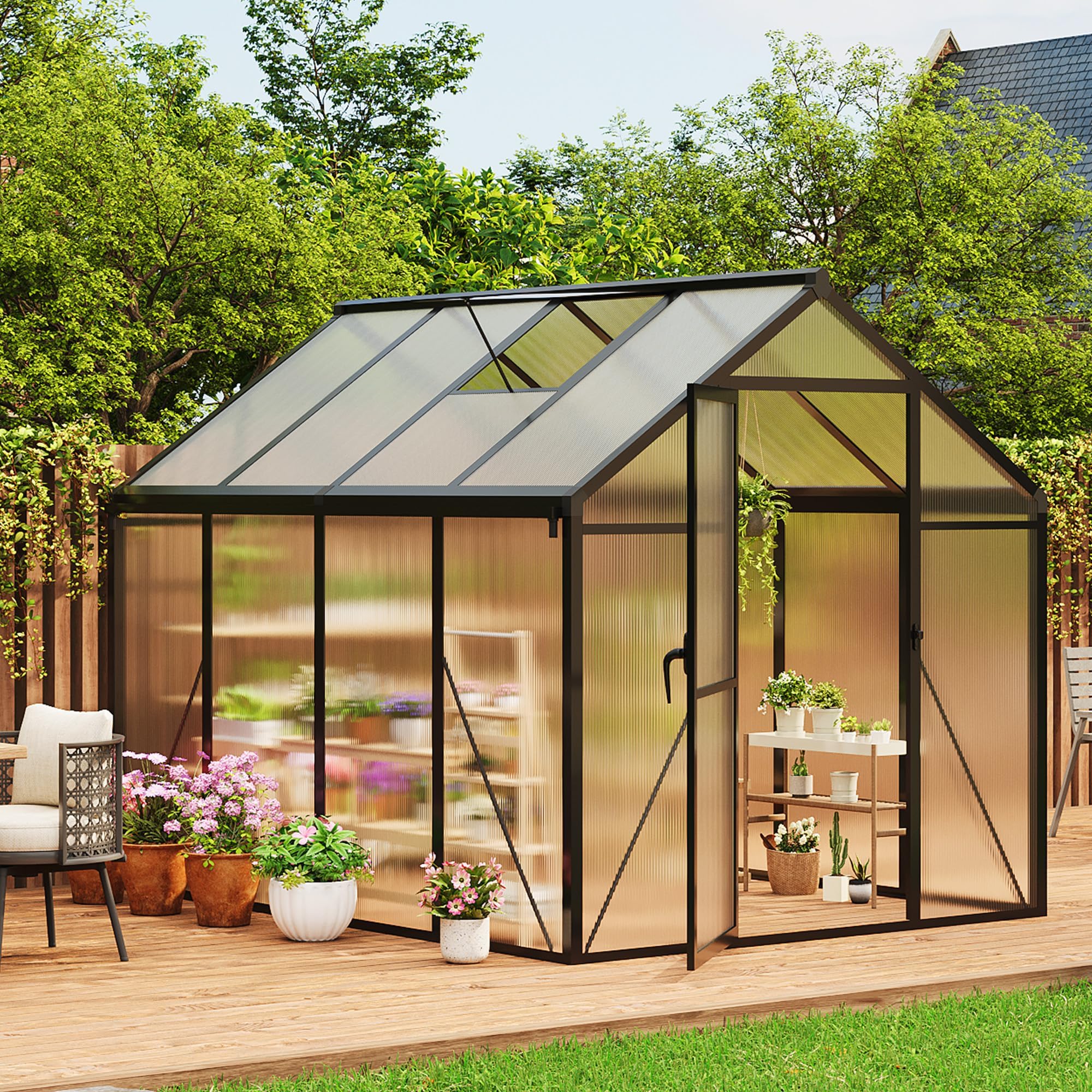 6x8ft polycarbonate greenhouse, walk-in outdoor aluminum frame greenhouse with roof vent, lockable push door for garden, backyard, patio & lawn