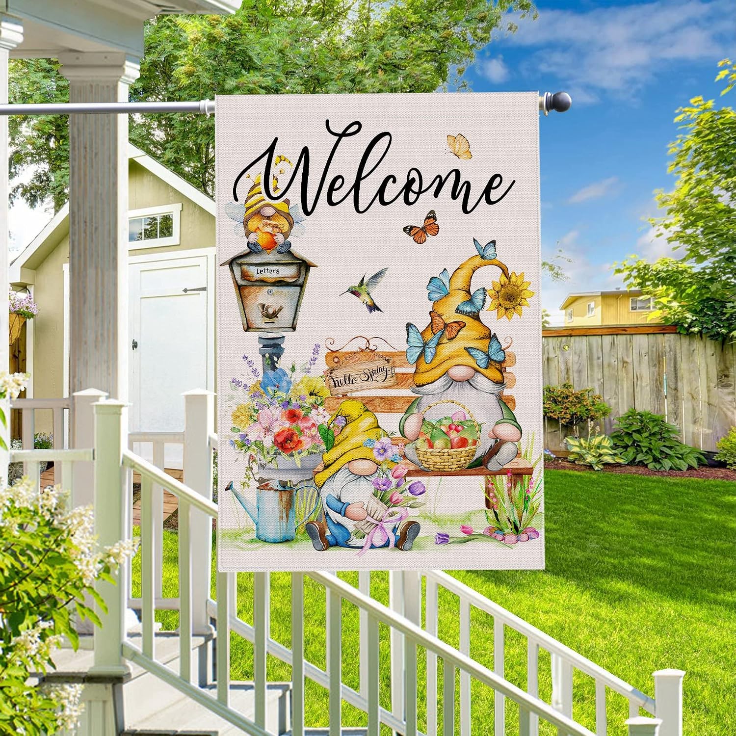 Spring Summer Flag 28 X 40 Double Sided, Large Gnome Welcome Garden Flag for Outdoor, Burlap Decorative House Flag, Spring Summer Gnome Decor, Farmhouse Seasonal Spring Garden Flag for Yard Outside
