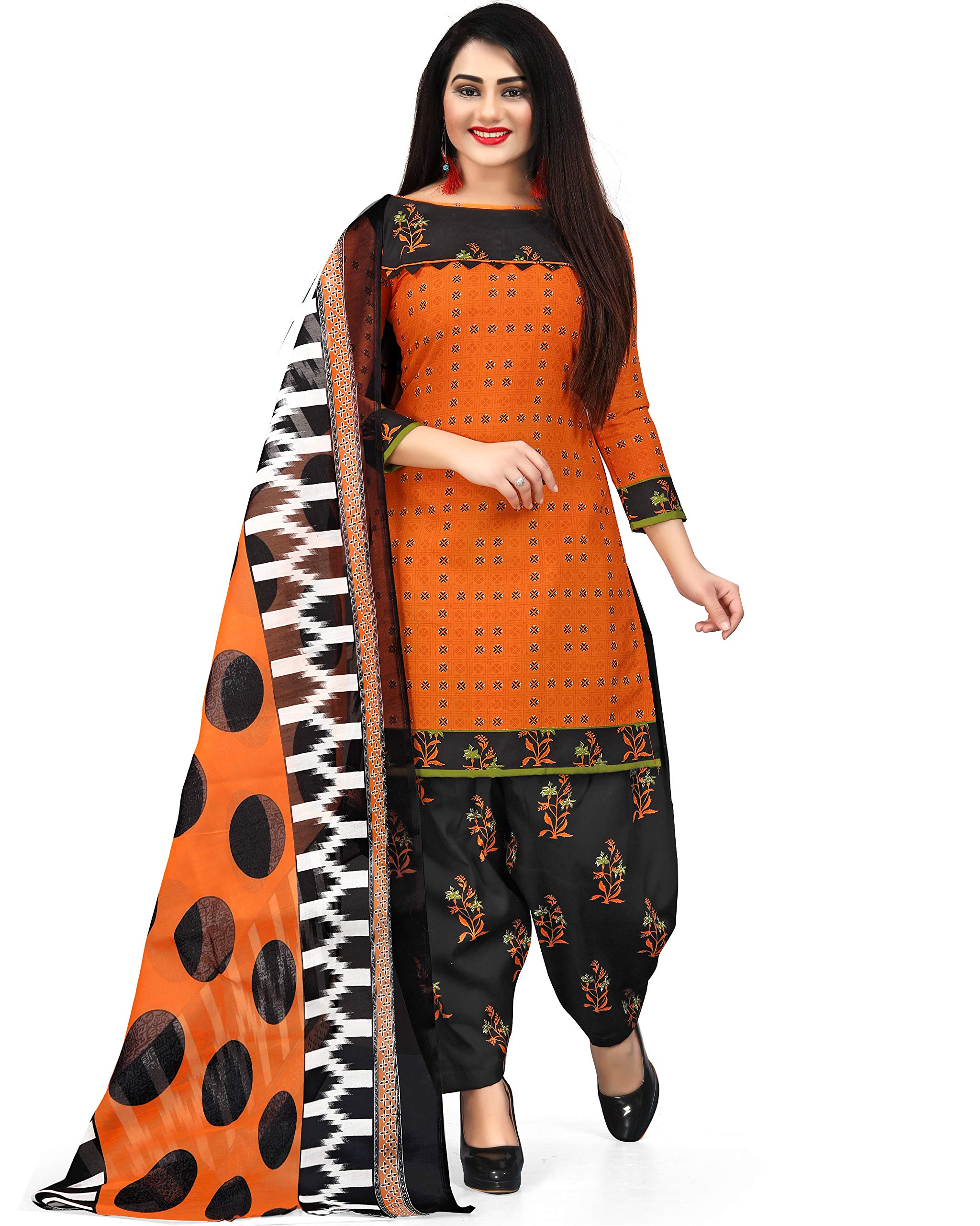 Women's Orange Cotton Floral Printed Unstitched Salwar Suit Material-image-33
