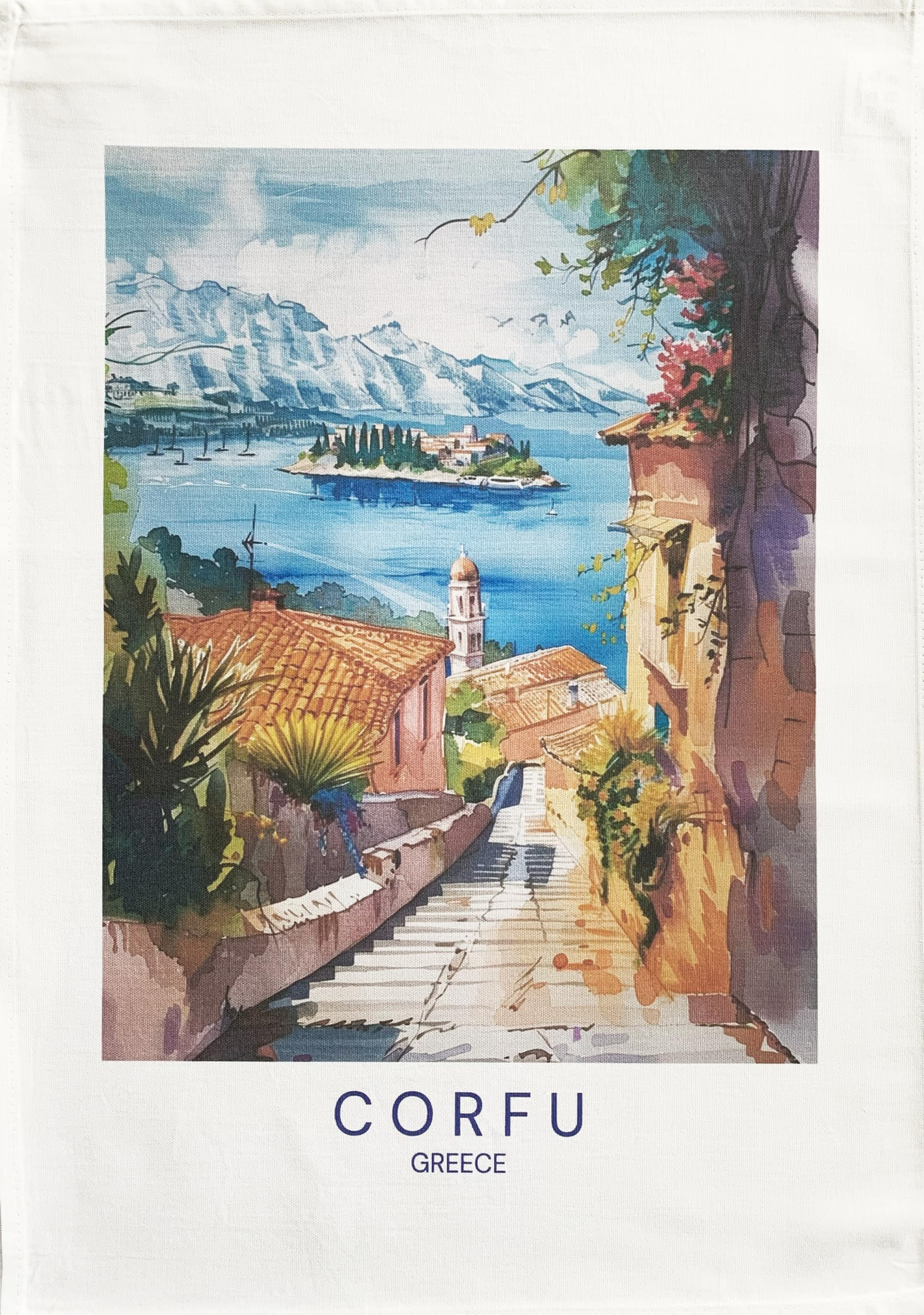 Half A Donkey White Corfu Coast Large Cotton Tea Towel
