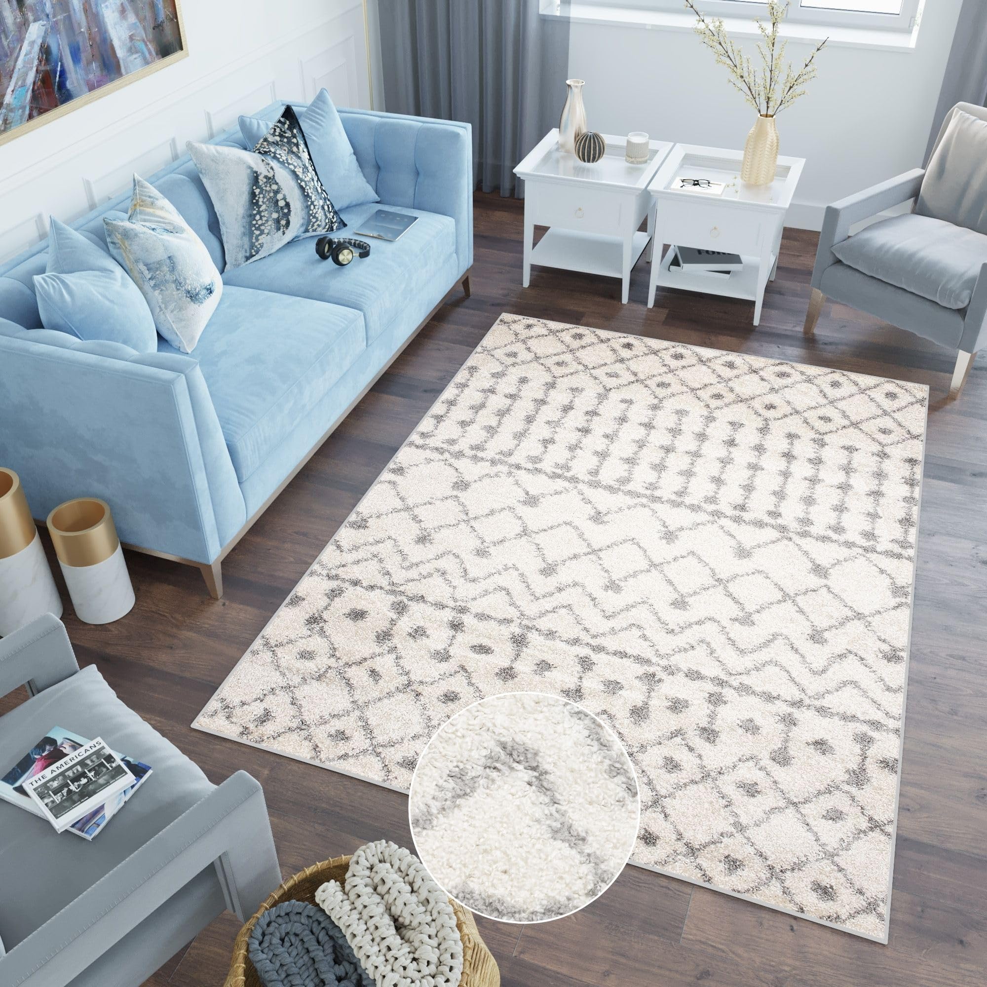 TAPISO Delhi Tapis Shaggy Poil Long Moderne Crème Gris Ethnique Tapis Salon Chambre Adulte Enfant Descente de Lit Moelleux Super Soft Epais Oeko-TEX 200 x 290 cm