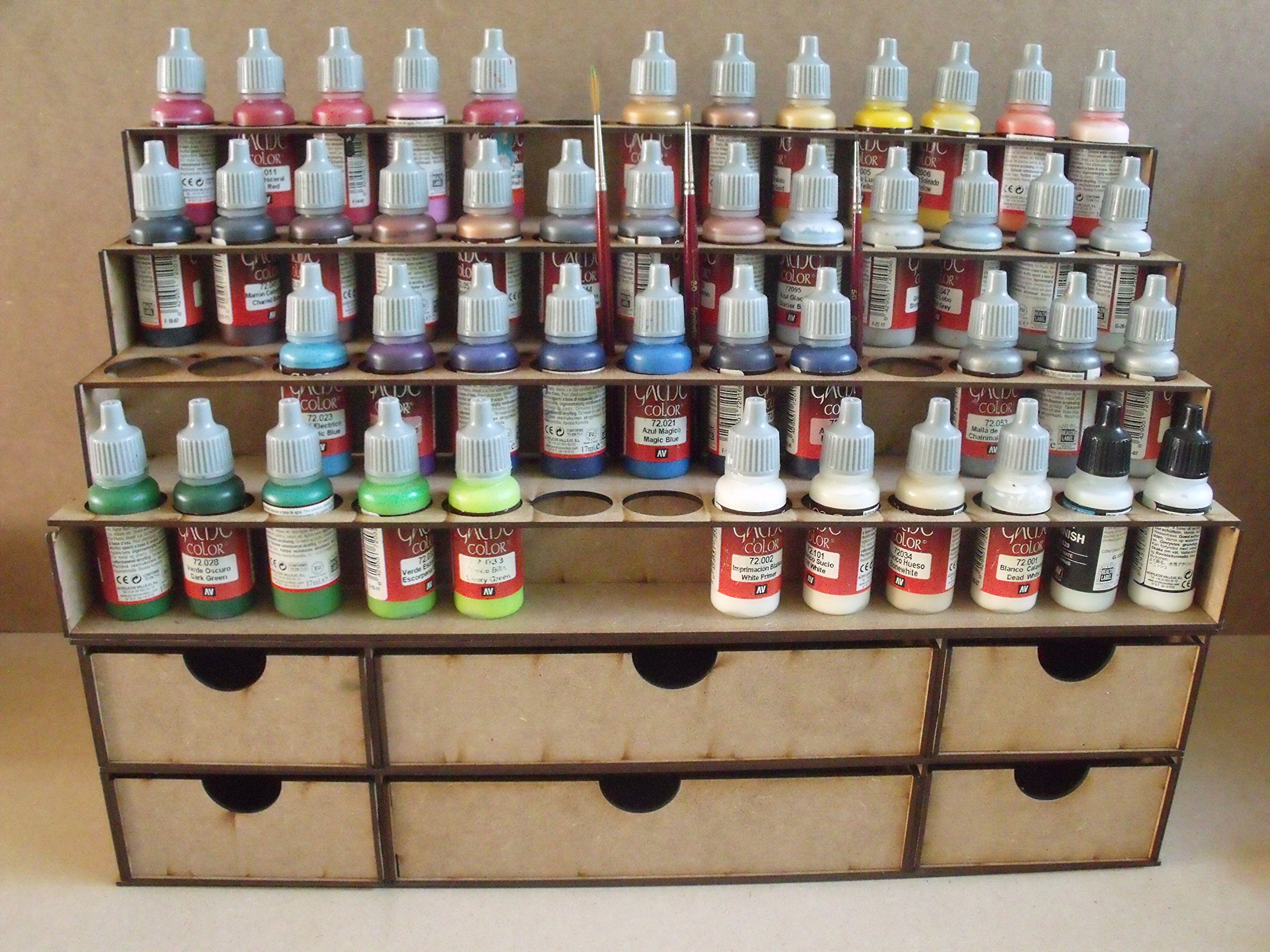 Paint Stand for 52x bottles of paint and drawers storage for dropper bottles such as vallejo, army painter. Paint rack by Wargame-Model-Mods