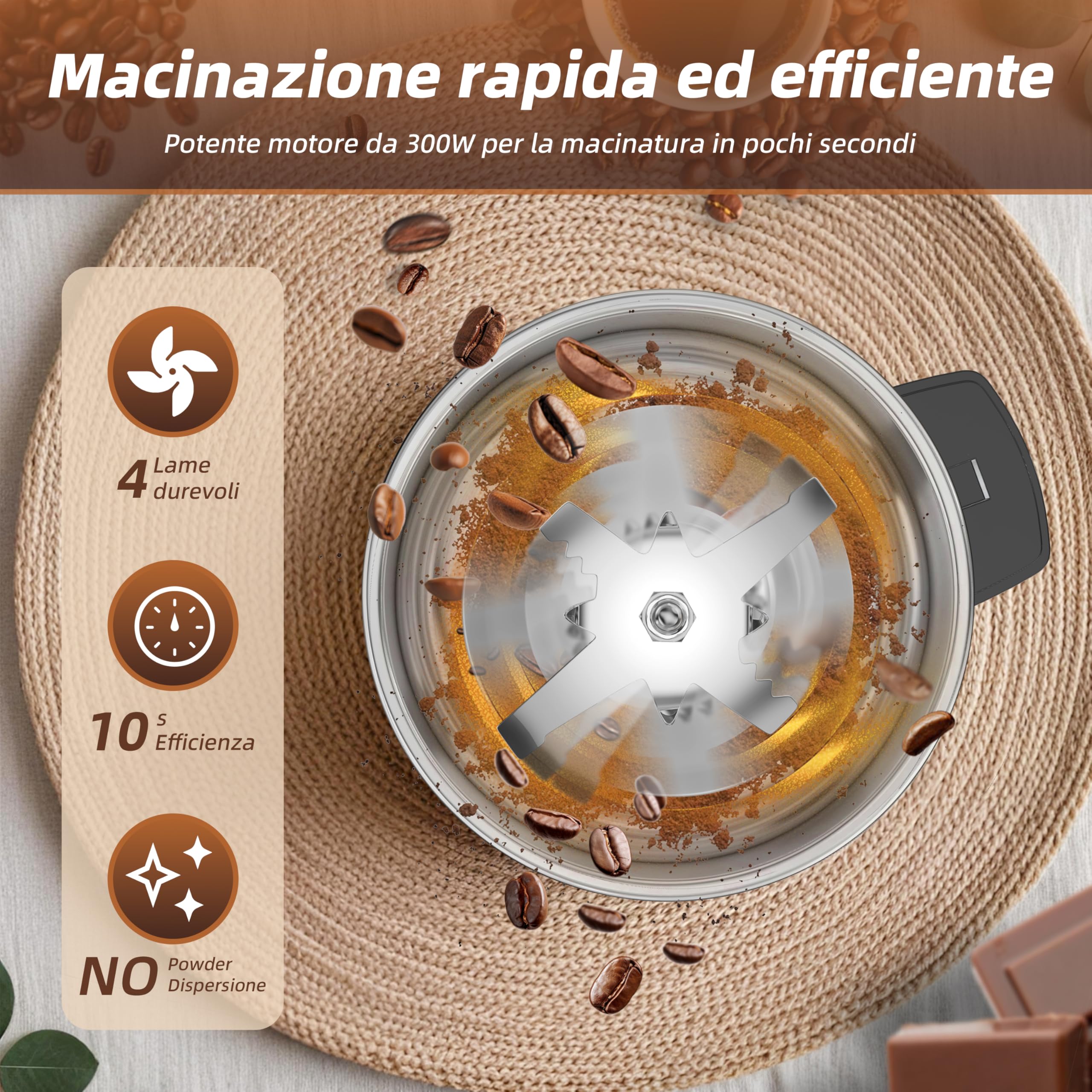 Macina Caffe' Elettrico 300W, Macinacaffè, Macinatura Regolabile Macina Caffe per Espresso/Gocciolamento/Versamento. Macinacaffè Per caffè, spezie e altri alimenti (Argento-148)