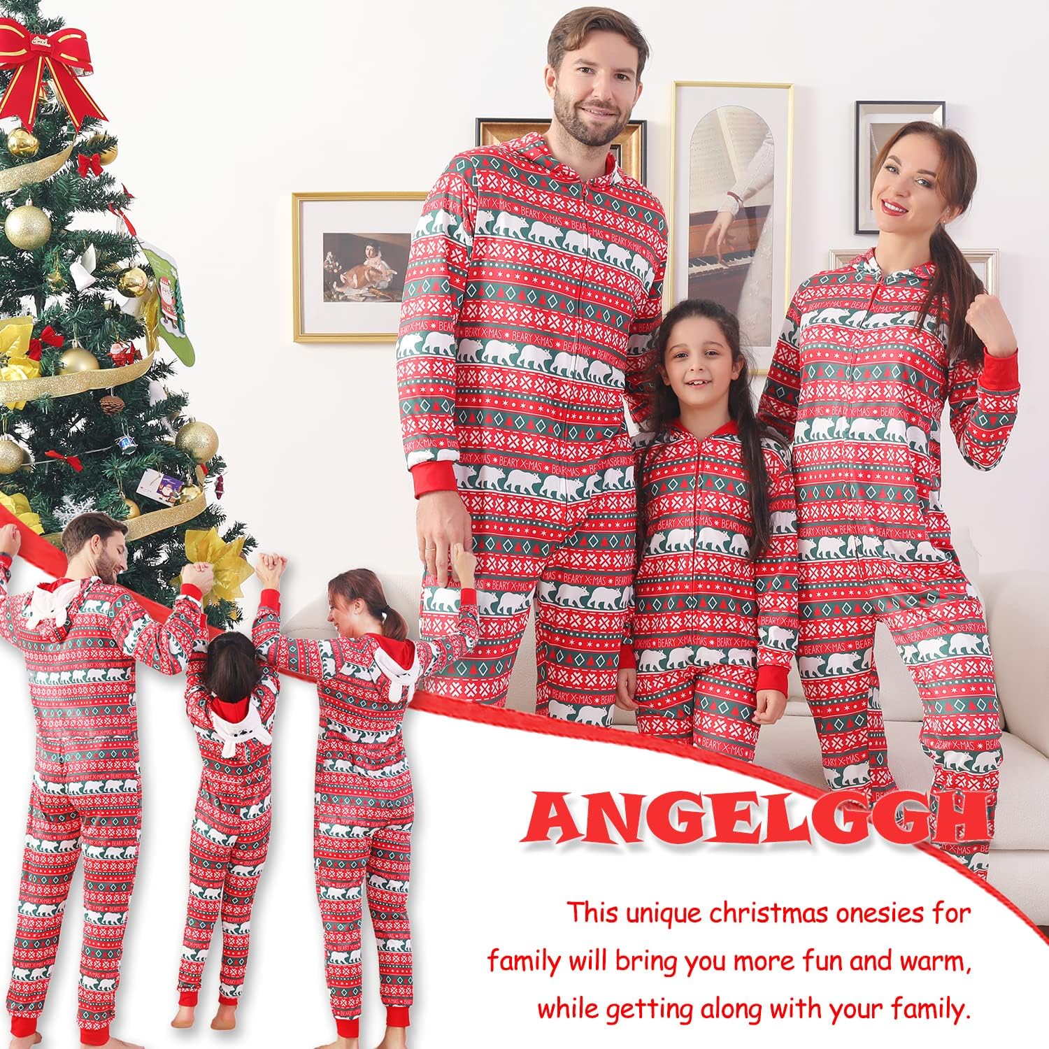 ANGELGGH Family Matching Christmas Onesie, Cute Vacation Xmas Print One Piece Pajamas, Hooded Holiday Sleepwear Nightwear PJs - Image 3