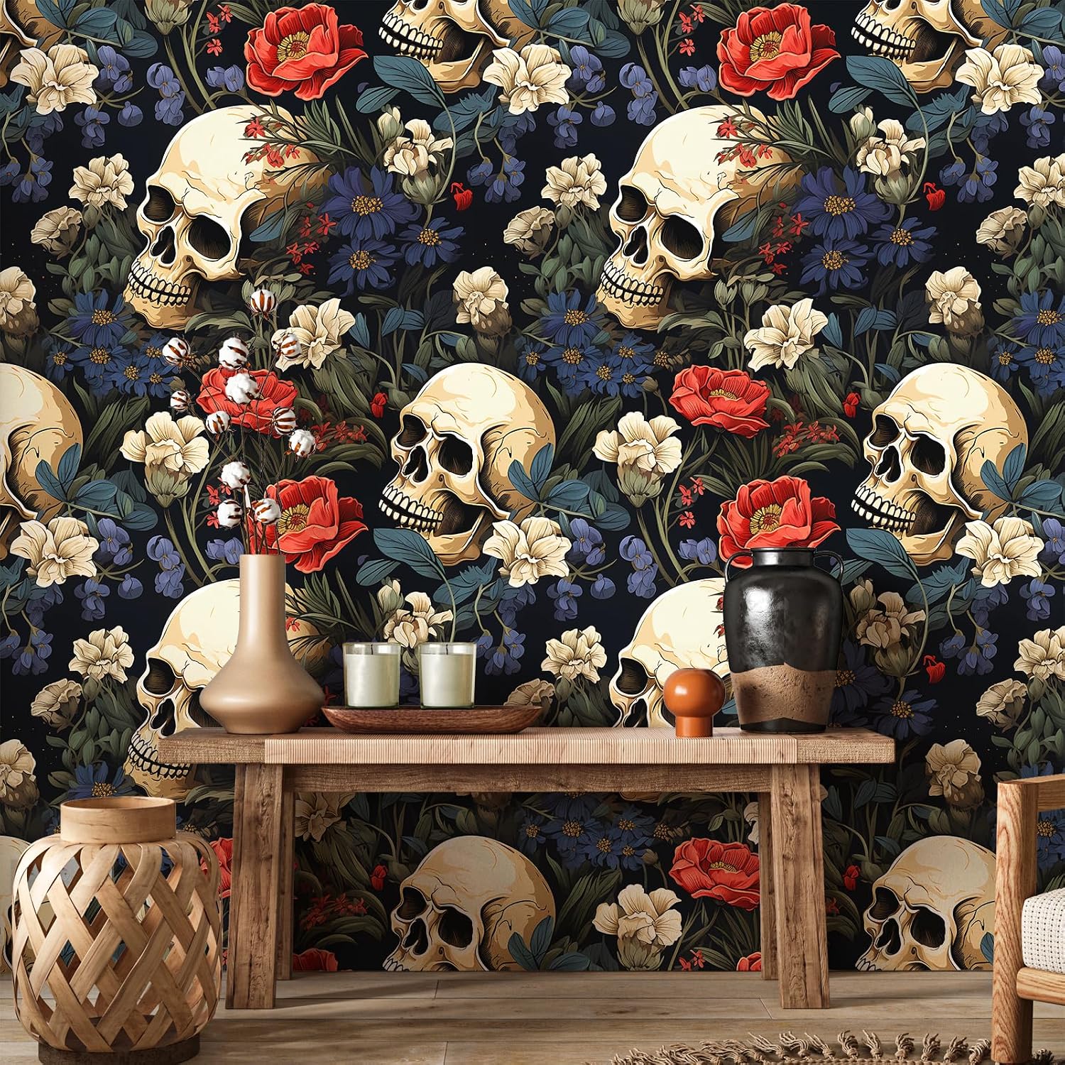 VEELIKE Witchy Skull Wallpaper Stick and Peel Modern Gothic Wall Mural 17.7''x118'' Dark Floral Wallpaper for Bathroom Bedroom Removable Self Adhesive Black Flower Contact Paper for Walls Shelves