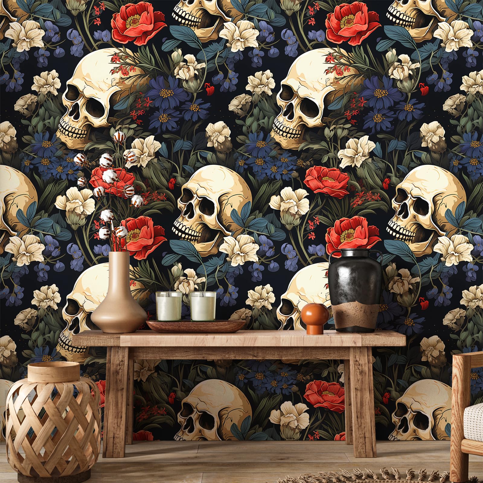 VEELIKE Witchy Skull Wallpaper Stick and Peel Blue Black Floral Wallpaper Modern Gothic Wall Paper 44.5cmx300cm Dark Patterned Contact Paper for Bathroom Bedroom Removable Botanical Wall Mural - Image 3