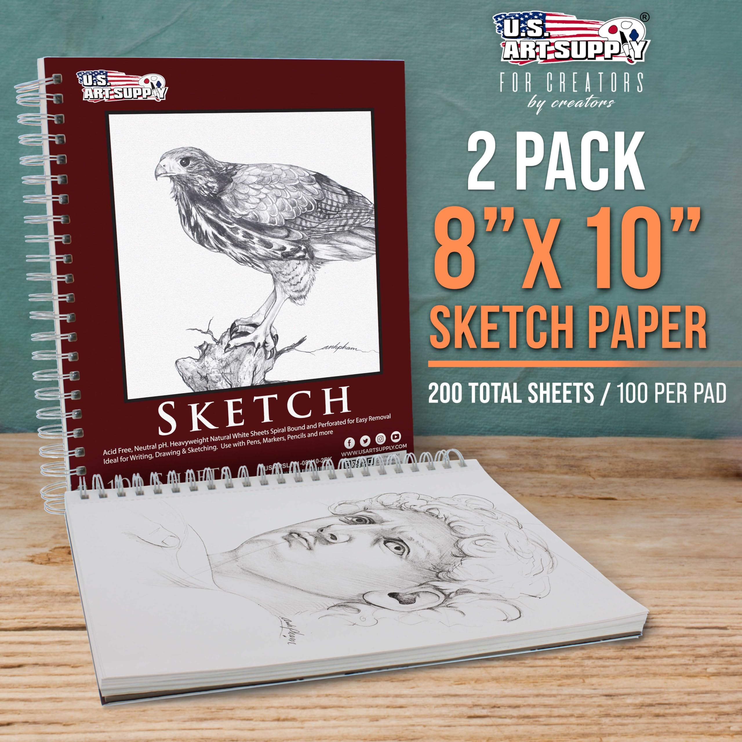 U.S. Art Supply Blocco da disegno con rilegatura a spirale laterale, 20,3 x 25,4 cm, 27,2 kg (confezione da 2 blocchetti), 100 fogli in ogni blocco di carta da disegno